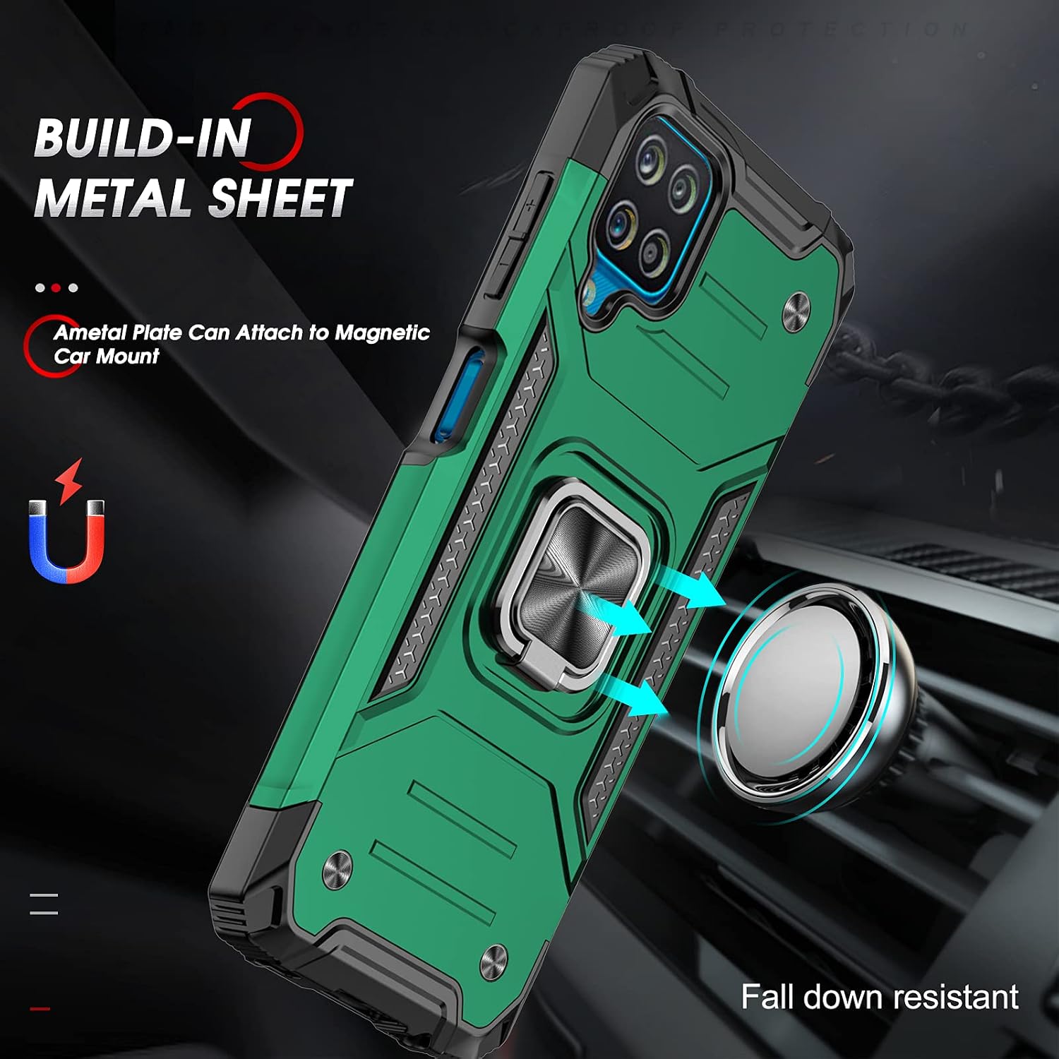 LeYi for Galaxy A12 Case, Samsung A12 Case with Tempered Glass Screen Protector (2PCS), [Military-Grade] Phone Cover Case with Ring Holder Kickstand for Samsung Galaxy A12, Green