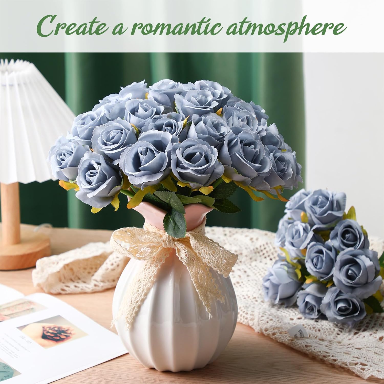 Hoteam 72 Heads Dusty Blue Artificial Rose Flowers 6 Bouquet Wedding Decoration Faux Flower Arrangement Bouquet with Stem Bridal Shower Gift Floral Centerpiece for Tables