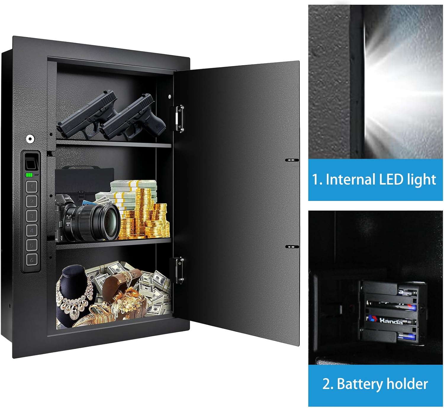 Fingerprint Wall Safe, Hidden Biometric wall-mounted Safe, In Wall Safe Between Studs, Upgraded Biometric/Keypad/Key Access, Secure Handgun, Documents, Jewelry, Valuables