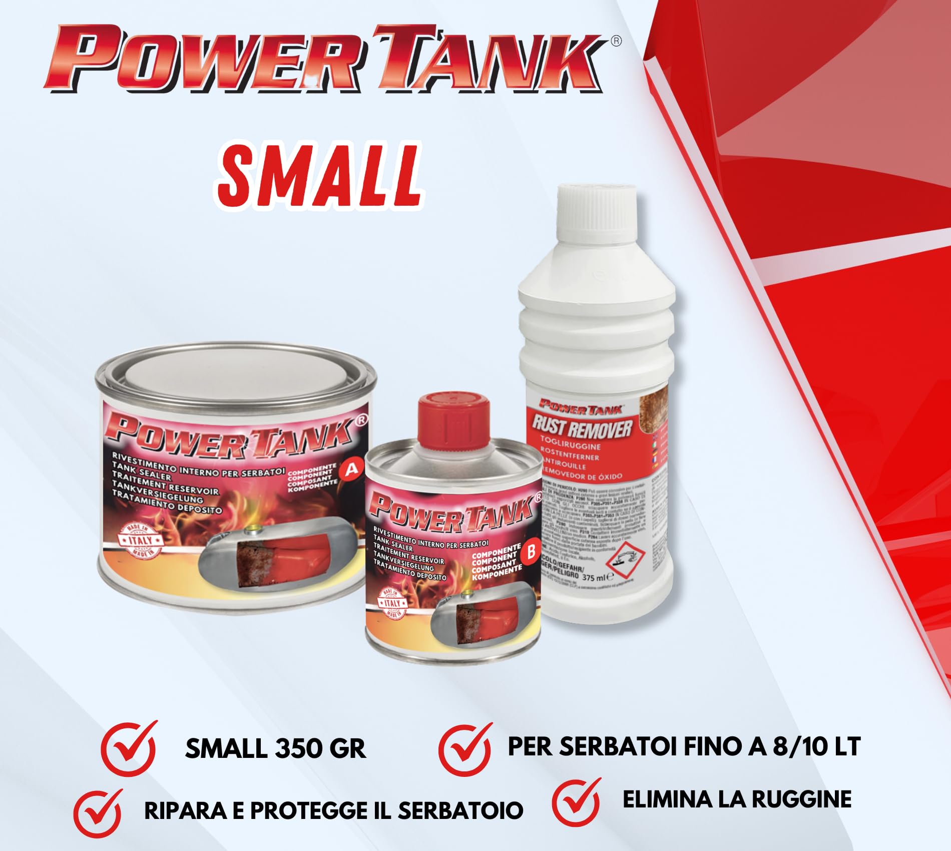 POWER TANK - Trattamento Serbatoio Moto (8/10 Litri) Kit Piccolo Small 350 gr per interno Serbatoi Elimina la Ruggine Ripara Protegge Arrugginito da Moto Ciao Ciclomotore d'Epoca con Antiruggine