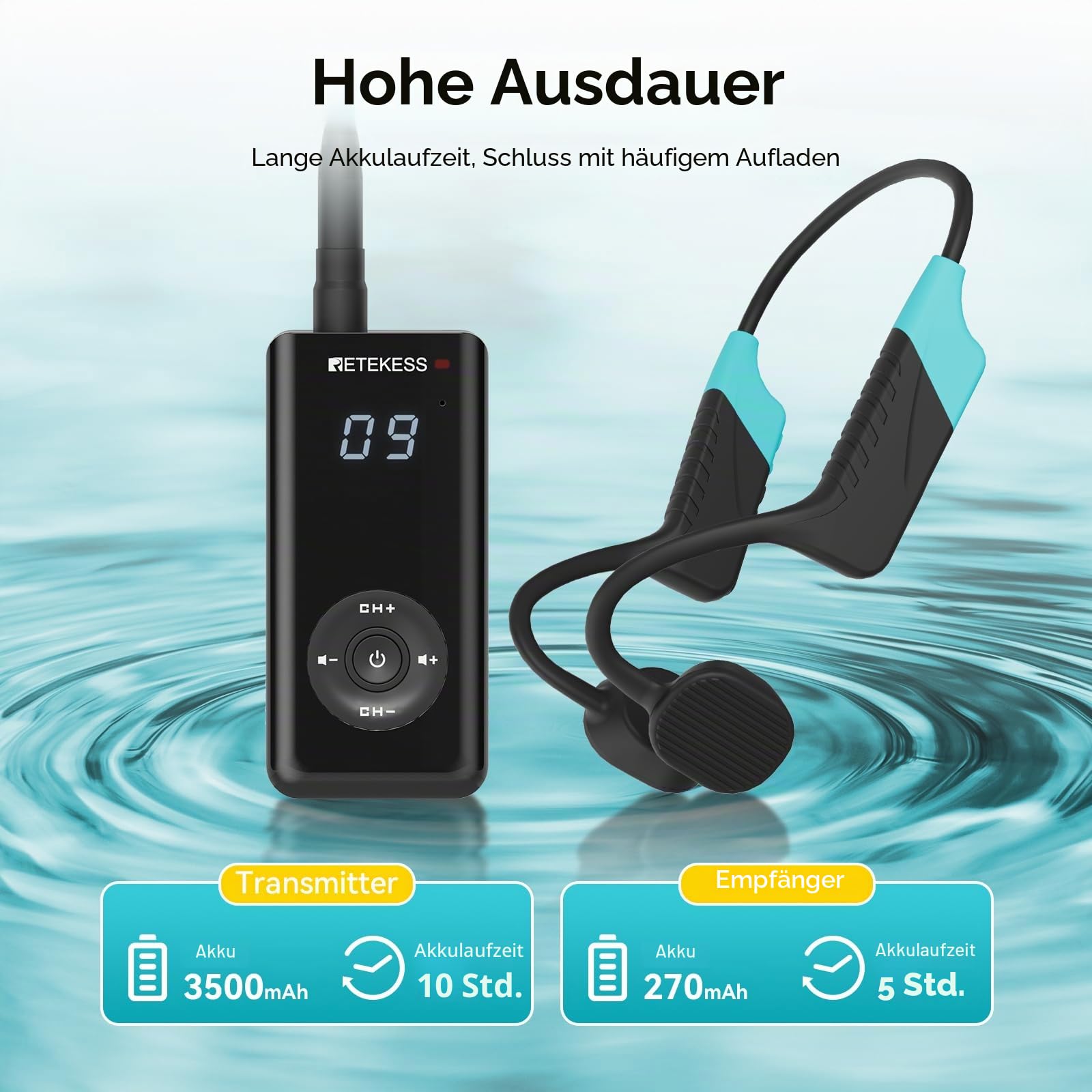 Retekess TT120 Swim Coach Communicator, Unterwasser-Kommunikator (1-5) | für Schwimmtraining, IP68 Wasserdicht, Knochenleitung, 120m Reichweite, Echtzeit-Coaching, Kabellose Unterwasserkommunikation