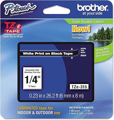 Miniatura 1 de Brother Cinta P-Touch TZE-315 genuina, cinta laminada estándar de 14" (0.23") de ancho, blanco sobre negro, laminado para uso en interiores o