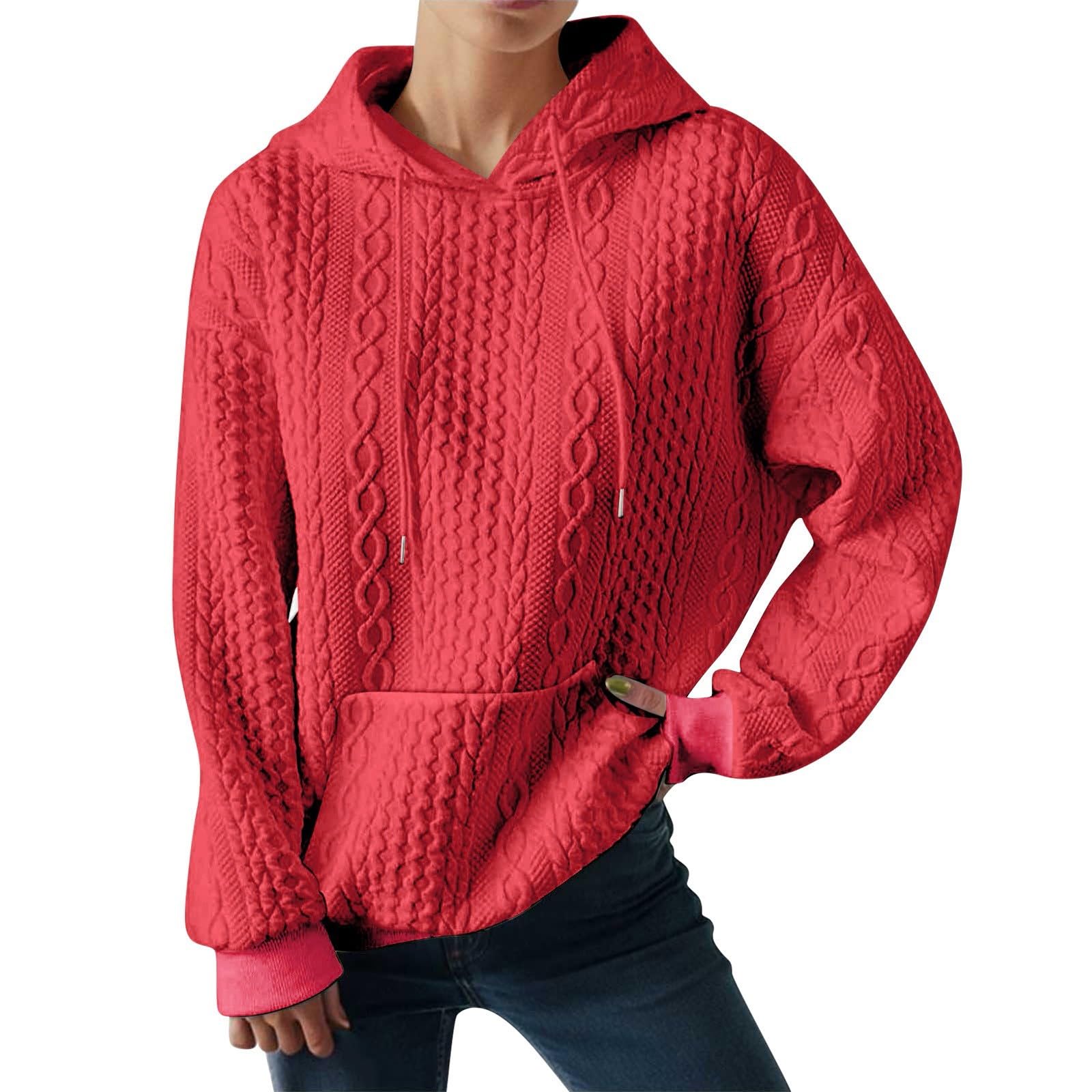 Hoodie Pullover for Women Solid Color Patchwork Thickened Jacquard Long Sleeved Sweater Jacket Top Fall Clothes Blouse Tops Watermelon Red
