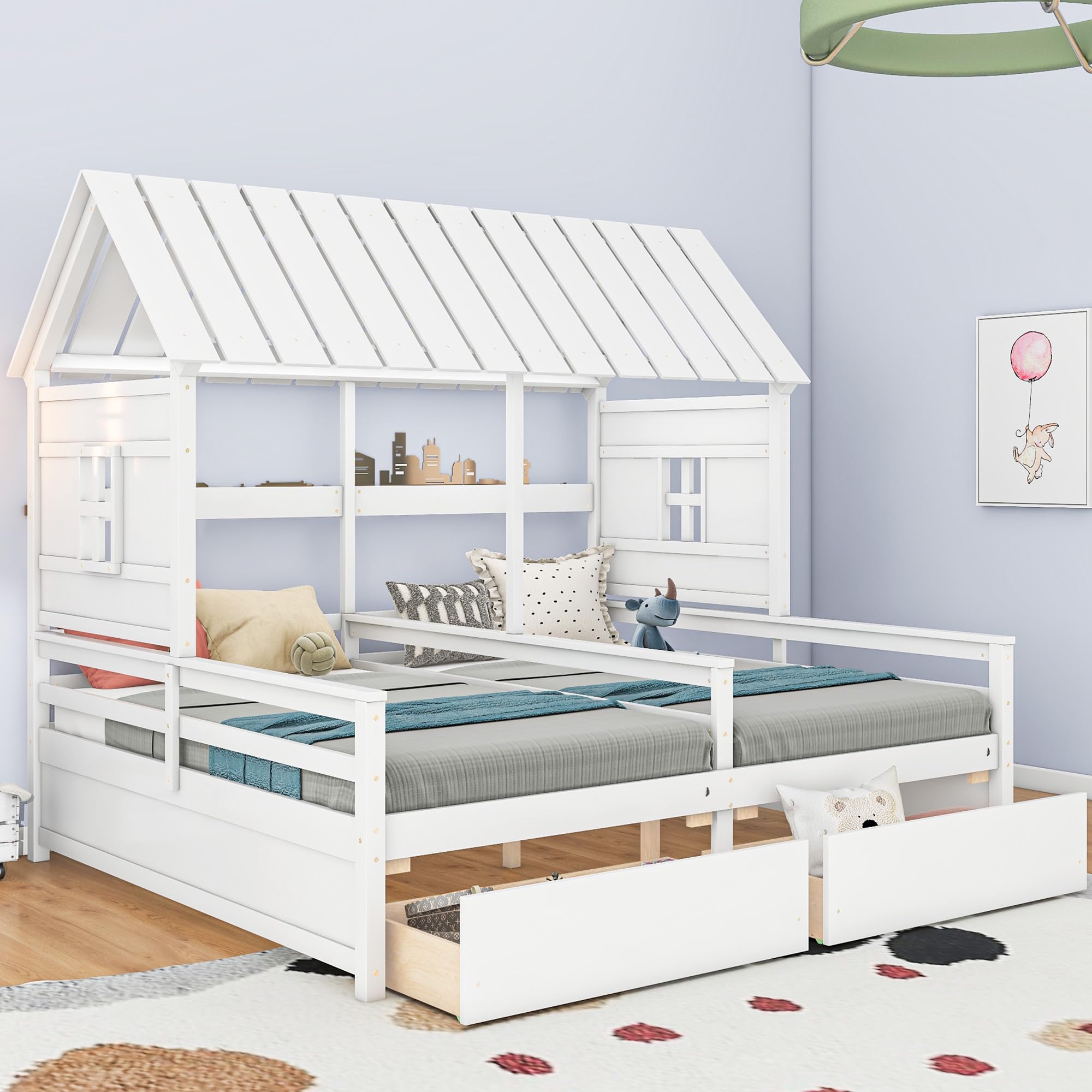 VeroFree Twin Size House Platform Beds with 2 Drawers for Boy & Girl, Shared Bed Combo of 2 Side-by-Side Twin Beds, White (1 Drawer Each), Space-Saving Kids Room