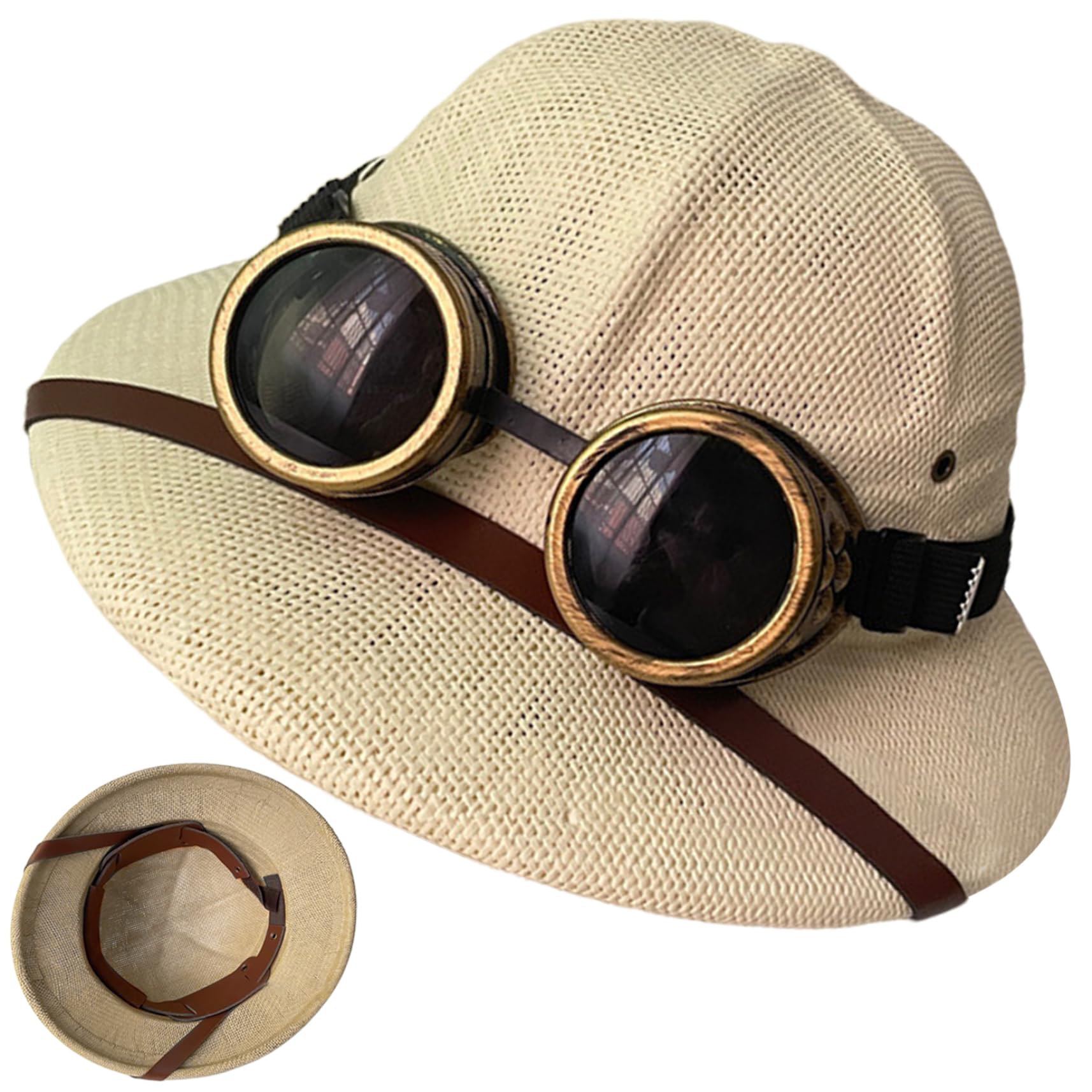 Casco classico a tesa larga con occhiali protettivi - Protezione UV Cappello di paglia estivo leggero regolabile per uomo Spiagge Parchi Campeggio Escursionismo