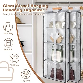 Syeeiex Dustproof Hanging Handbag Organiser With Zip, 4 Clear Pockets Purse Organizer Space