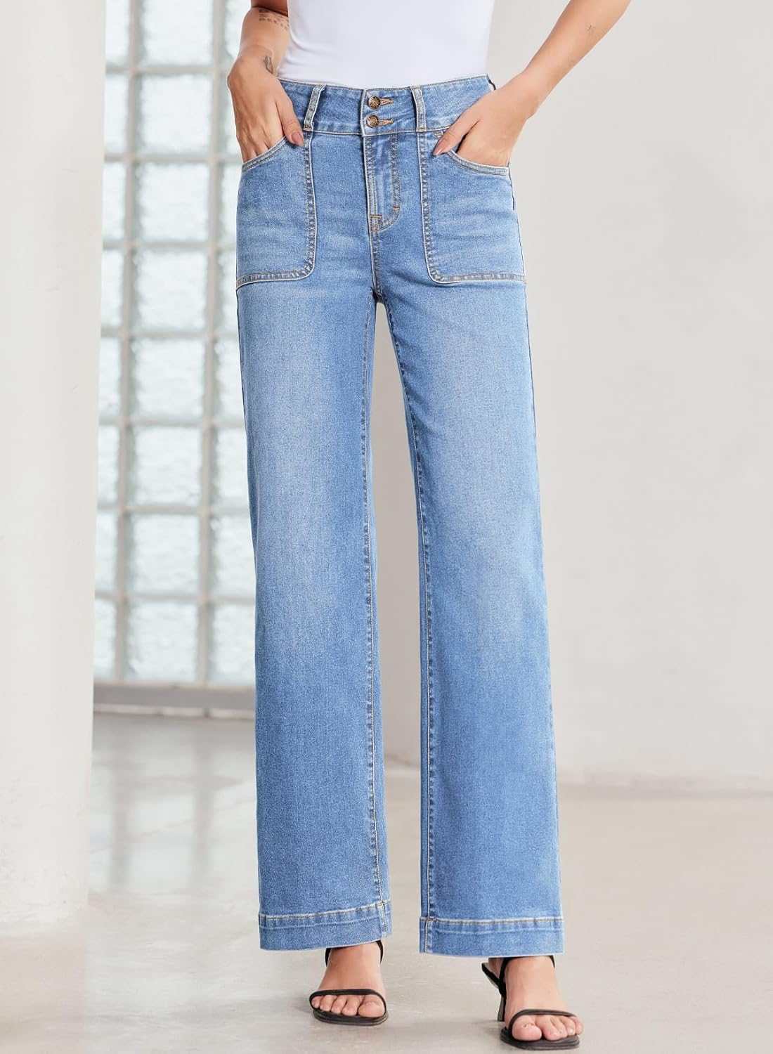 Sidefeel Women's Wide Leg Jeans High Waisted Stretchy Tummy Control Straight Leg Denim Pants - Image 4