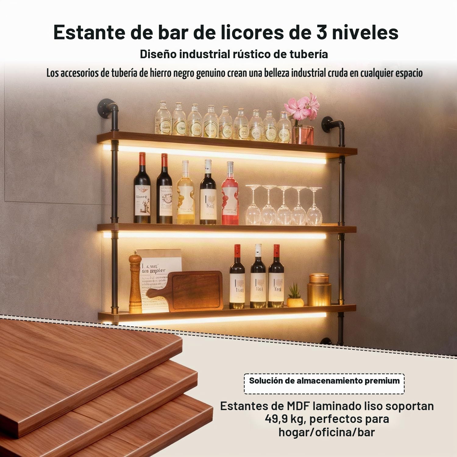 120 cm Botellero de Pared con LED para Vino 3 Niveles para Bar, Restaurante | Botellero de Madera para Vino con Tuberías Metálicas, Botellero Industrial de Pared de Madera y Acero para Bar, Cocina, Hogar