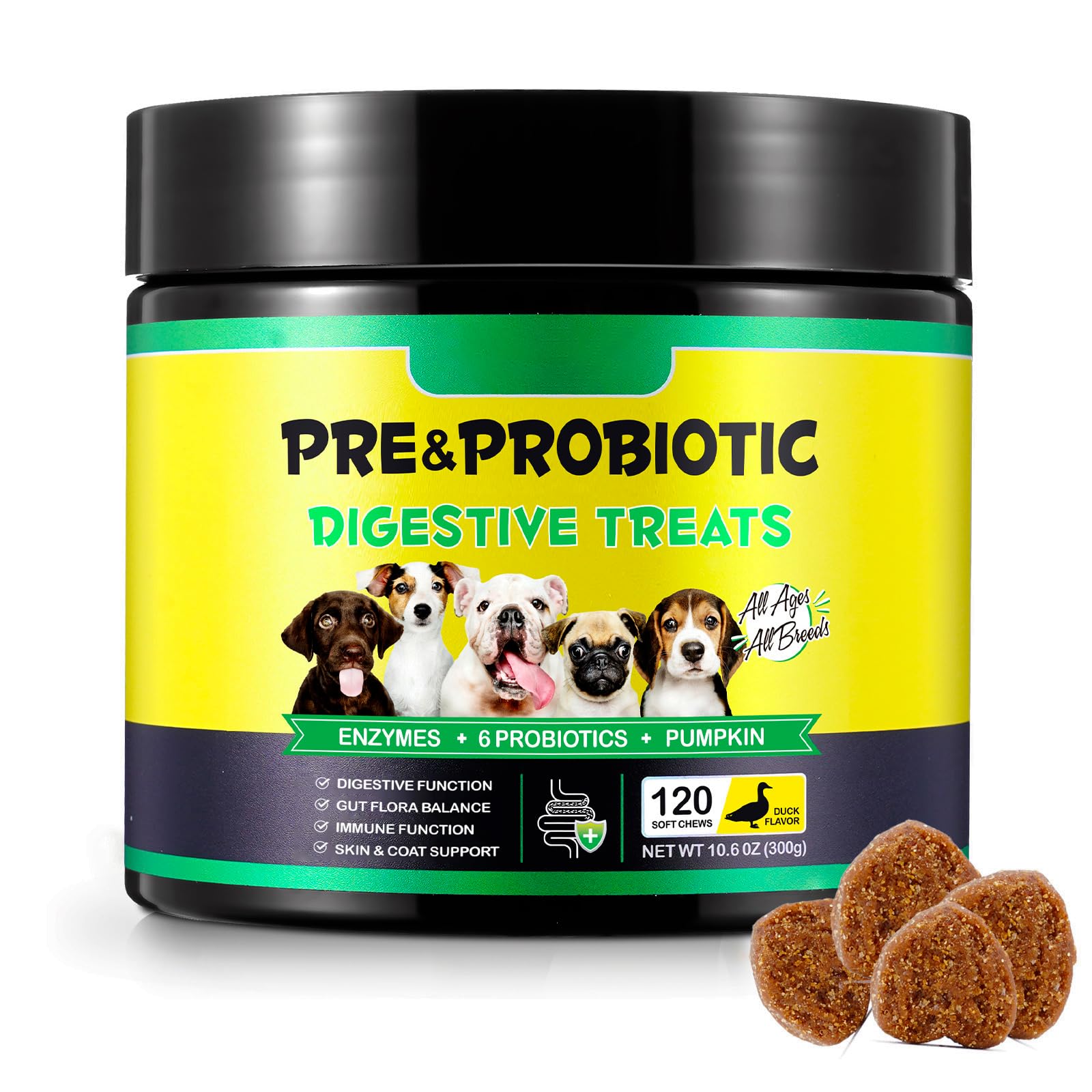 Probiotici per Cani - Probiotici per Cani per la Salute Intestinale e la Digestione, Tutte le età e Razze, 120 Masticativi Probiotici, Gusto Anatra