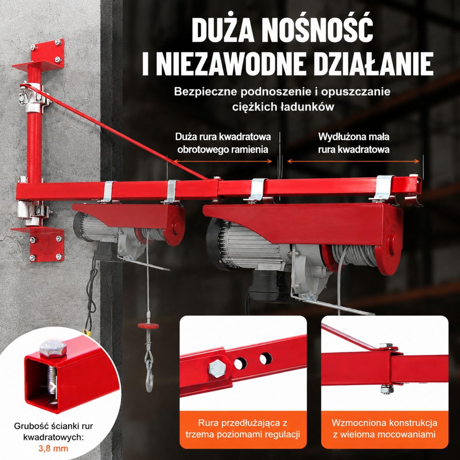 Ramię podporowe do podnośnika elektrycznego ze stali węglowej, udźwig 600 kg, obrót 180°, do warsztatu i garażu