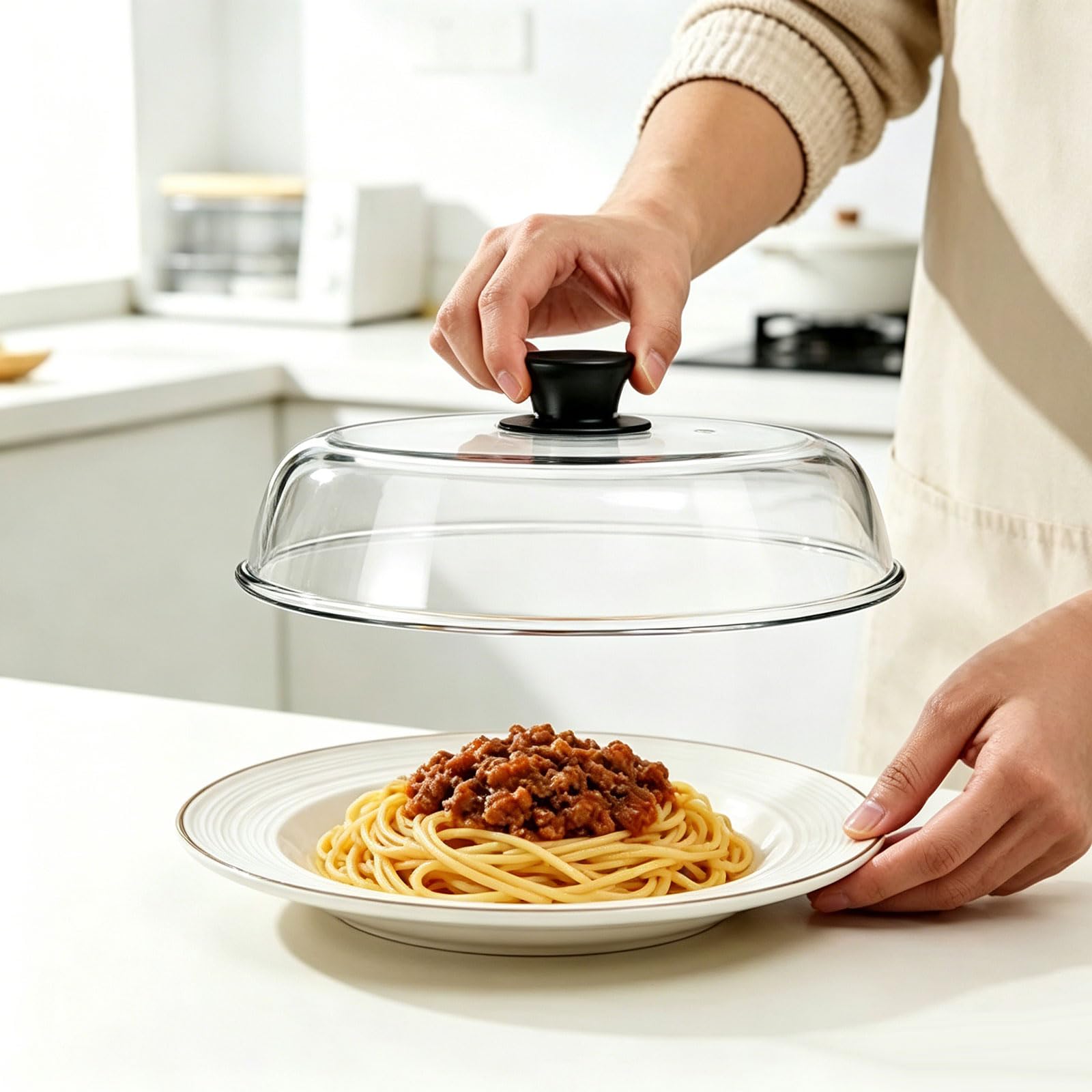 Coperchio riscaldante trasparente, protezione alimentare in vetro per microonde con impugnatura a manopola, cupola per da portata da 26 cm per un riscaldamento più pulito, copertura avanzata,