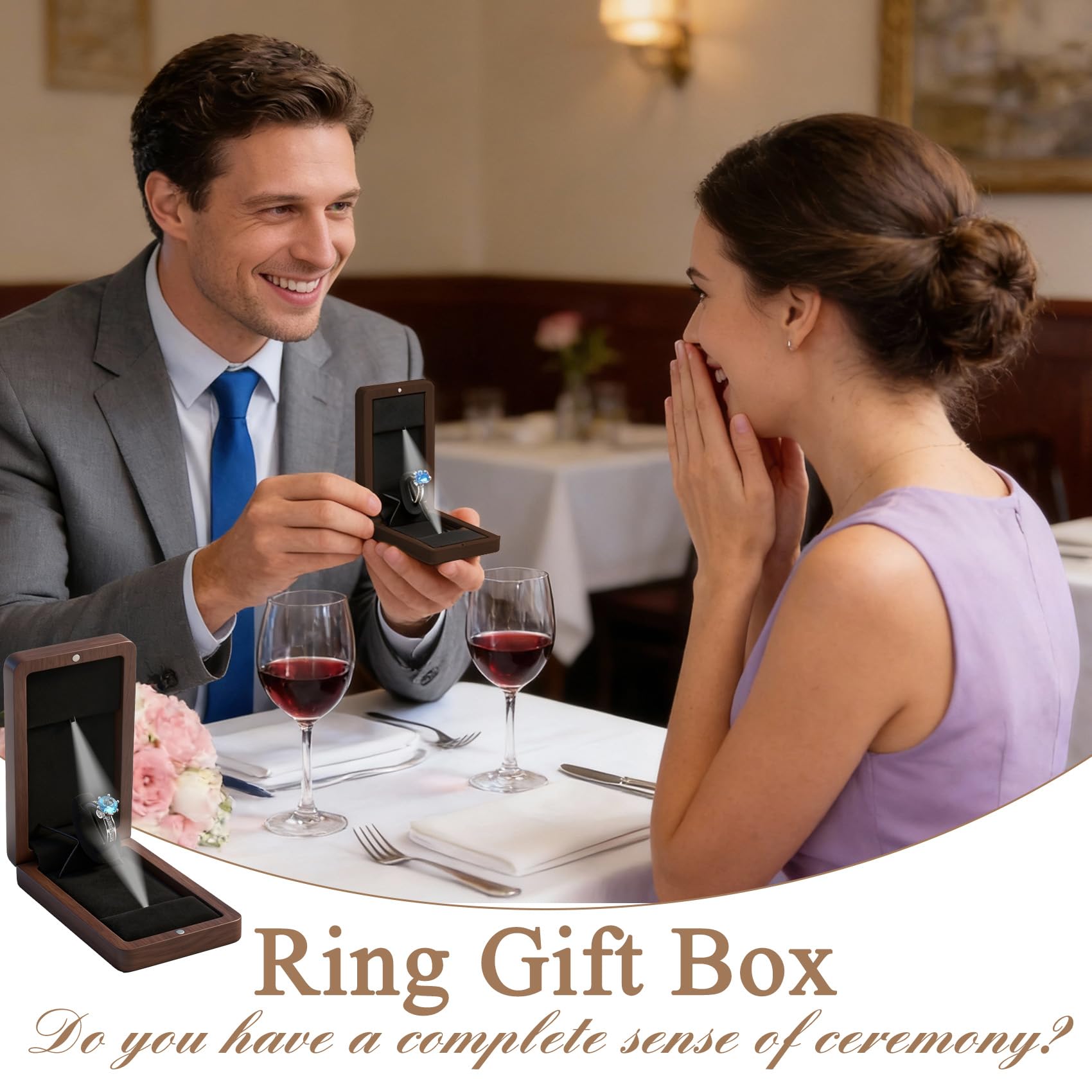 Rotierende Verlobungsringbox aus Holz für Antrag, Hochzeit, Jahrestag, Ringbox mit LED-Licht, Geschenkverpackung (schwarze Walnuss)
