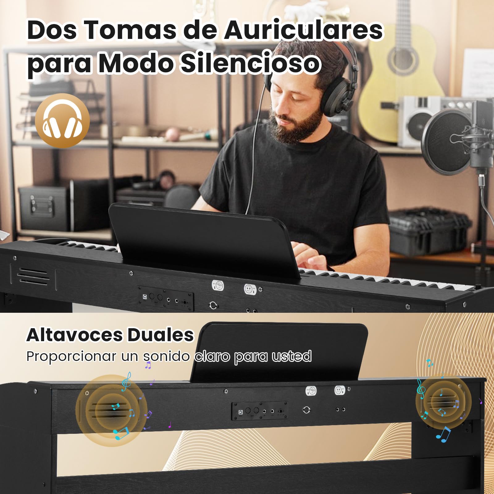 COSTWAY Piano Digital Vertical de 88 Teclas Contrapesadas, Piano Eléctrico Compacto con Soporte, Grabar y Reproducir, Pedales Triples, Doble Altavoz y Conectores para Auriculares, MIDI