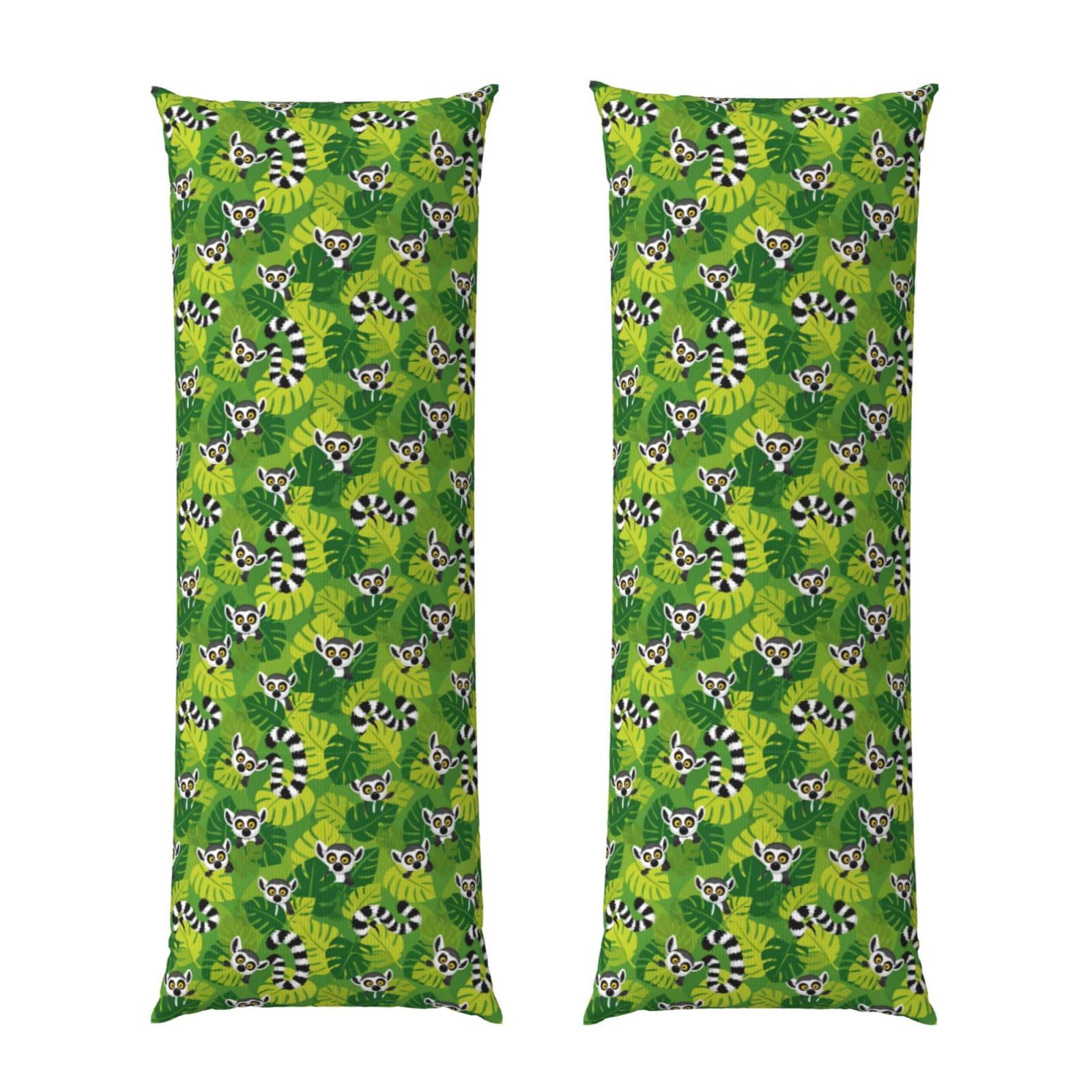Body Pillow Cover 20x54 Inch, Tropical Green Leaves Exotic Jungle Animal Lemurs Monkey, Plush Velvet Long Pillowcase with Zipper, Softffy Rectangular Case for Couch Bed Hotel Decor