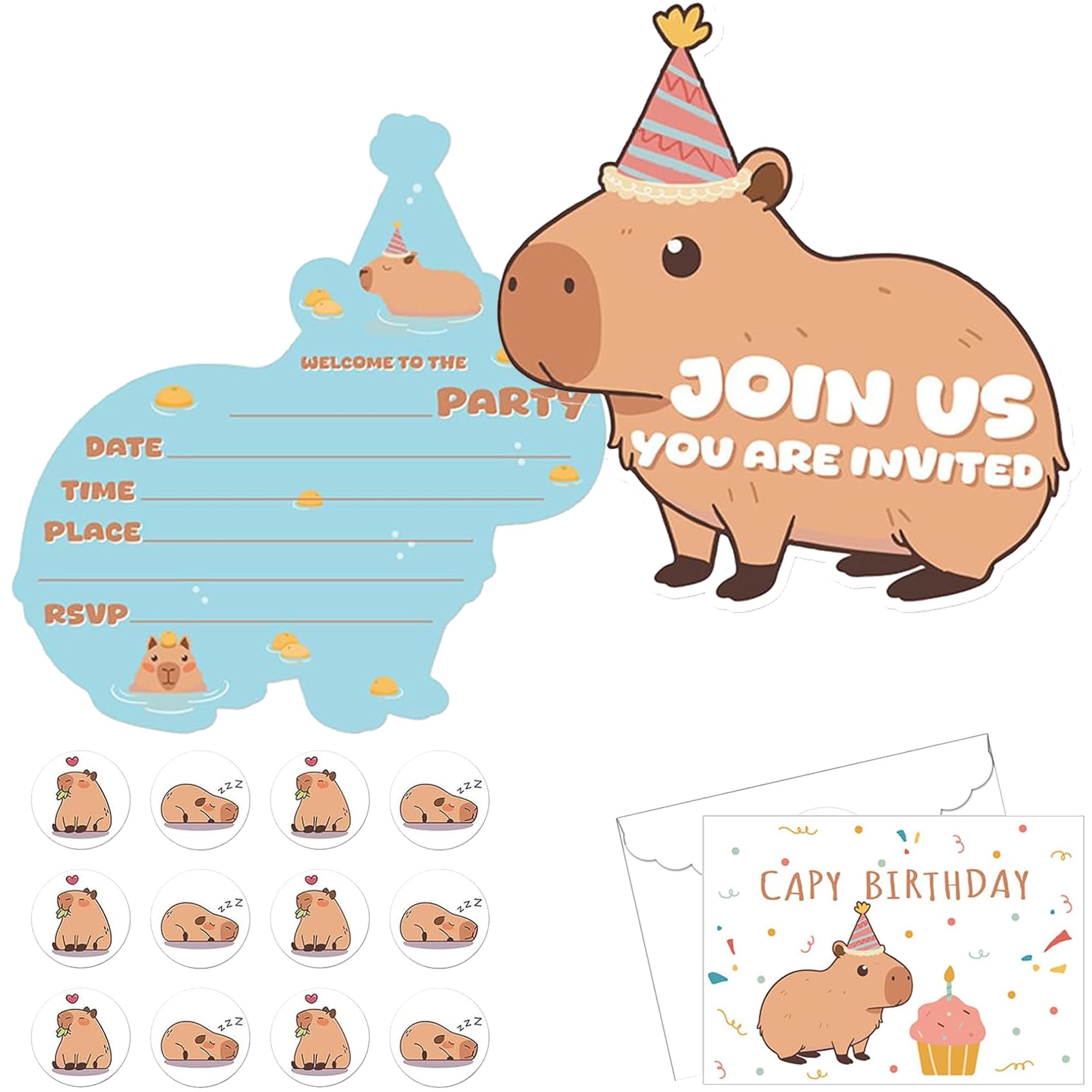 12 Set Cute Capybara Birthday Party Invitation Cards with Envelopes and Stickers, Themed Invitations Set for Boys Girls Youth Celebration and Family Gatherings