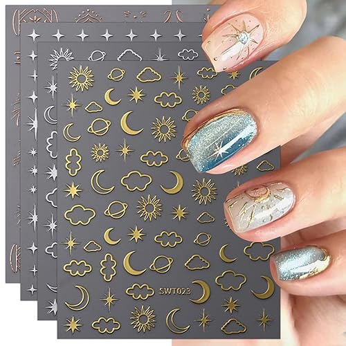JMEOWIO 9 hojas de calcomanías de arte de uñas de estrella de luna, calcomanías autoadhesivas, uñas, suministros de uñas coloridas, accesorios de