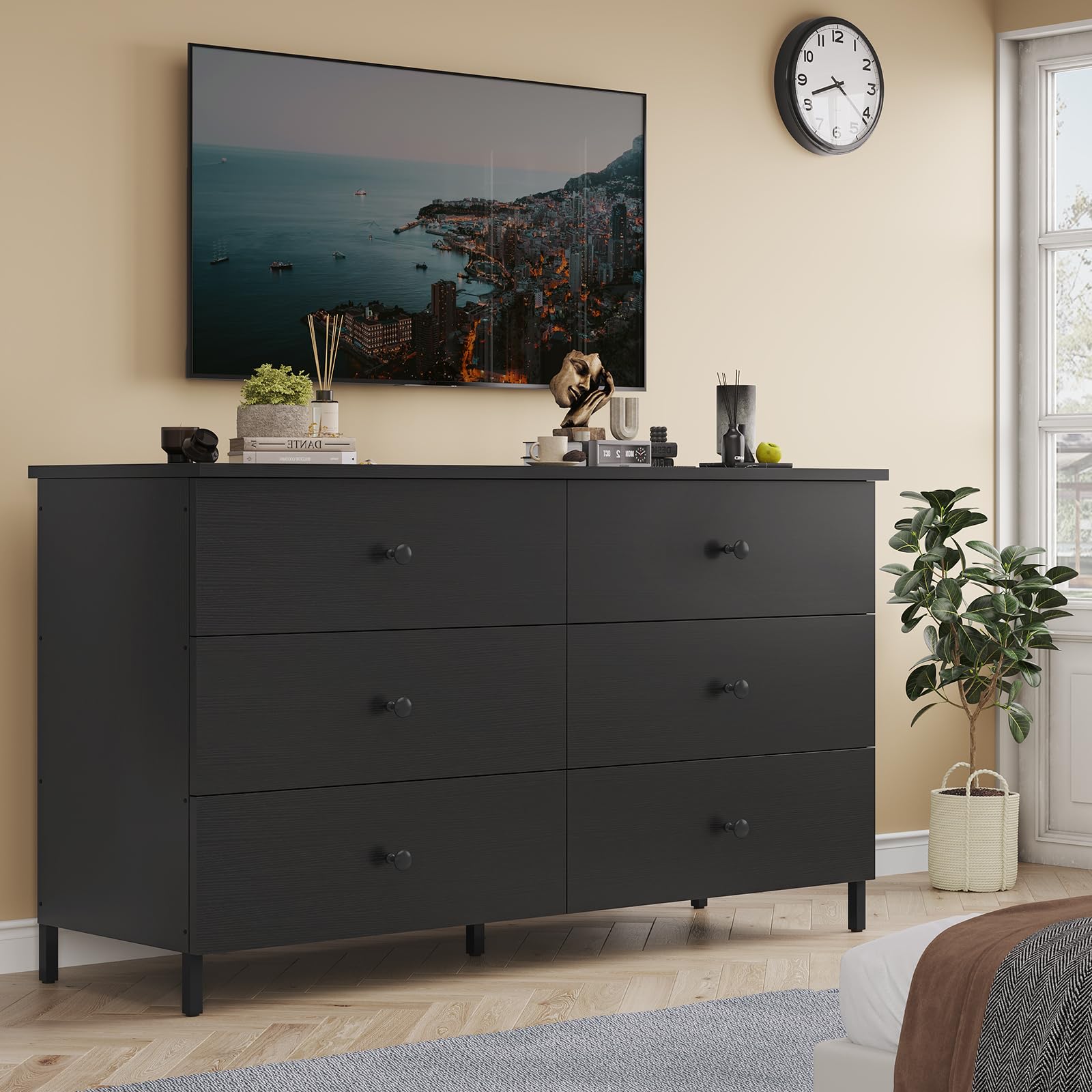 Hasuit 6 Drawers Double Dresser, Wooden Dressers with Heavy Sturdy Steel Frame, Large Capacity Storage Chest of Drawers, Black Dresser for Bedroom,