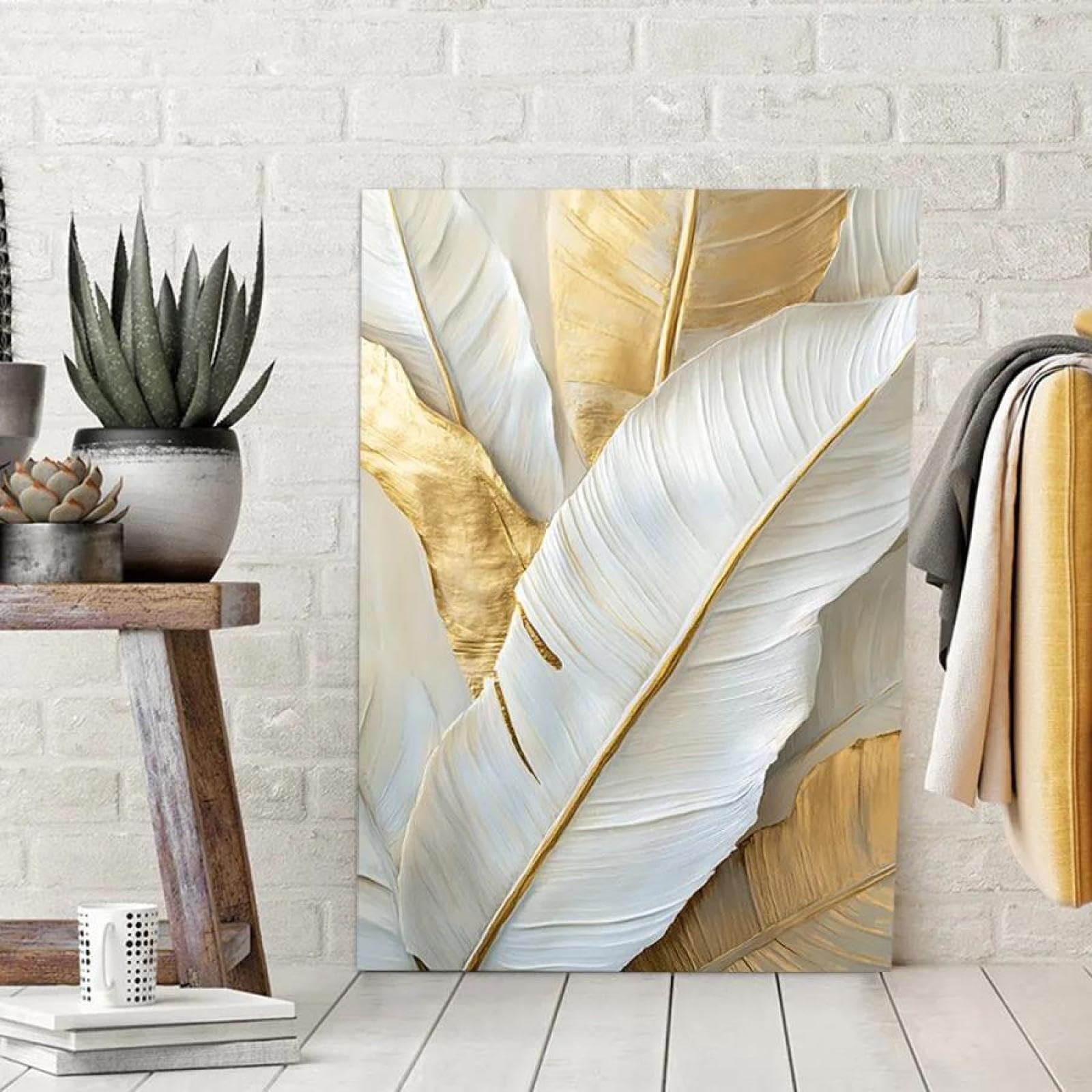 Baibexing Abstract White Gold Leaf Canvas Painting Poster And Prints Wall Art Picture For Living Room Home Decor 21X30Cm Unframed
