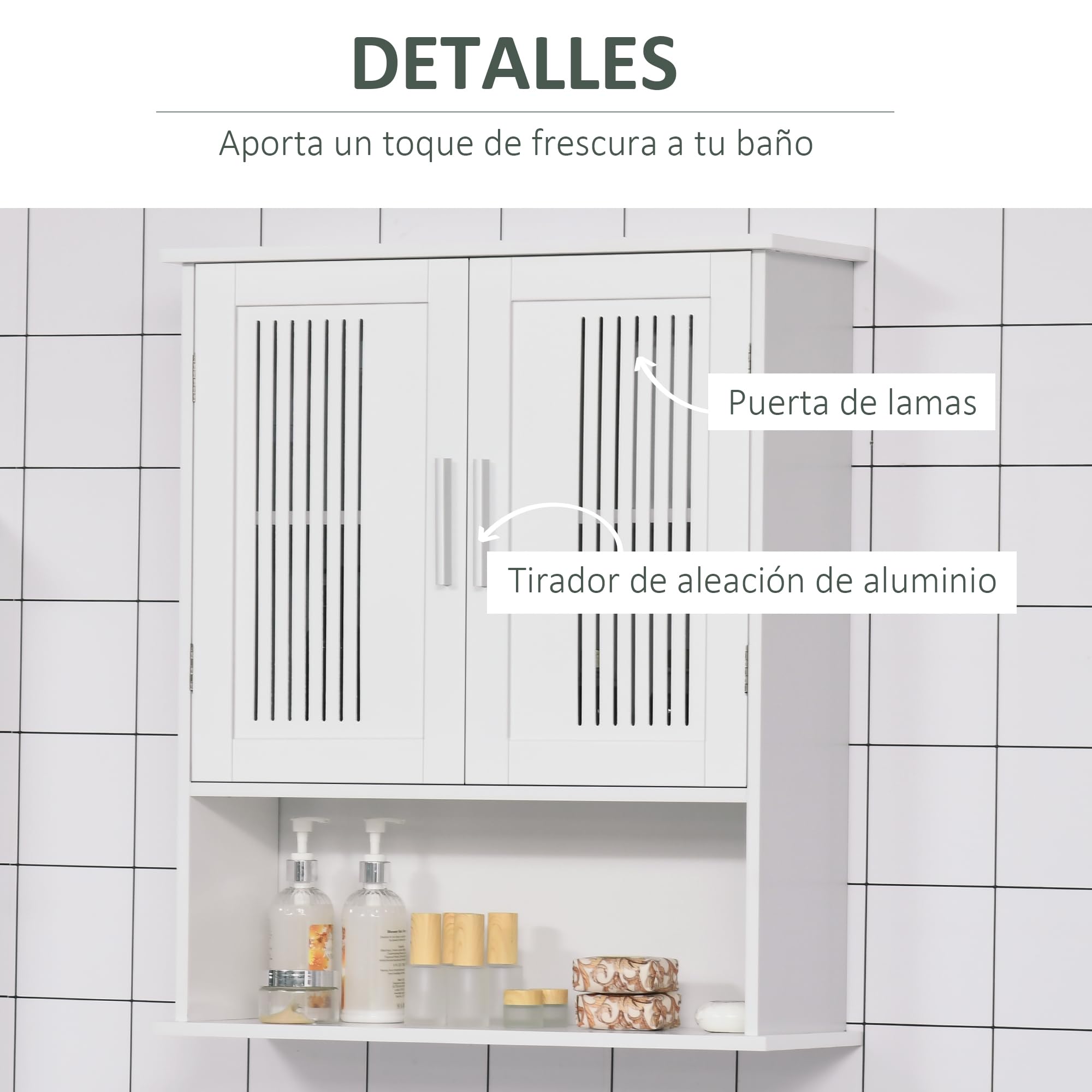 kleankin Armario de Pared para Baño Multiusos Mueble de Baño Suspendido Armario Colgante de Almacenamiento con 2 Puertas de Listones Estante Ajustable y Compartimento 60x20x70 cm Blanco