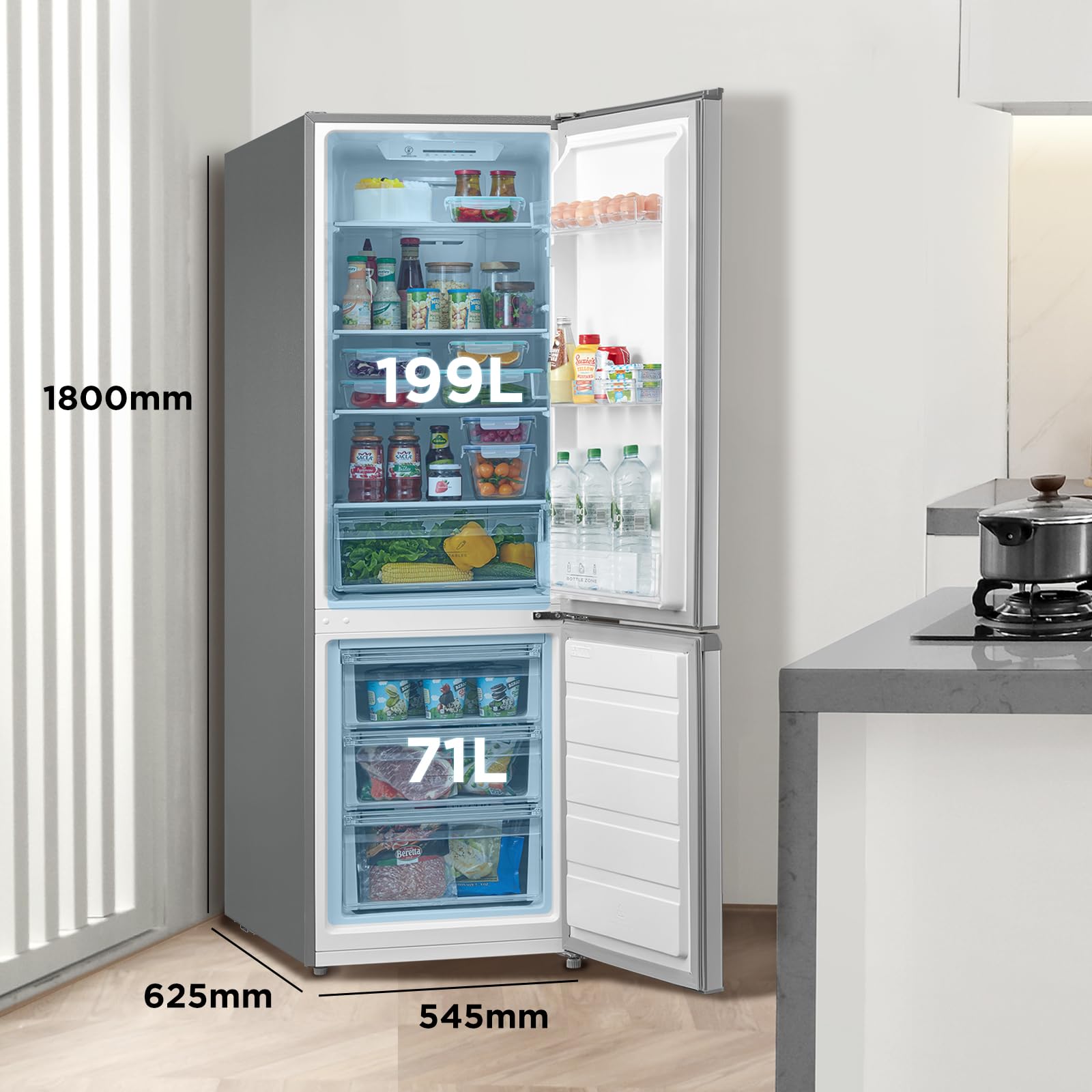 Midea Kühlschrank mit Gefrierfach MERB276FGE02A 270L Kühl-Gefrierkombination No Frost All-Around Cooling Edelstahl 180 cm