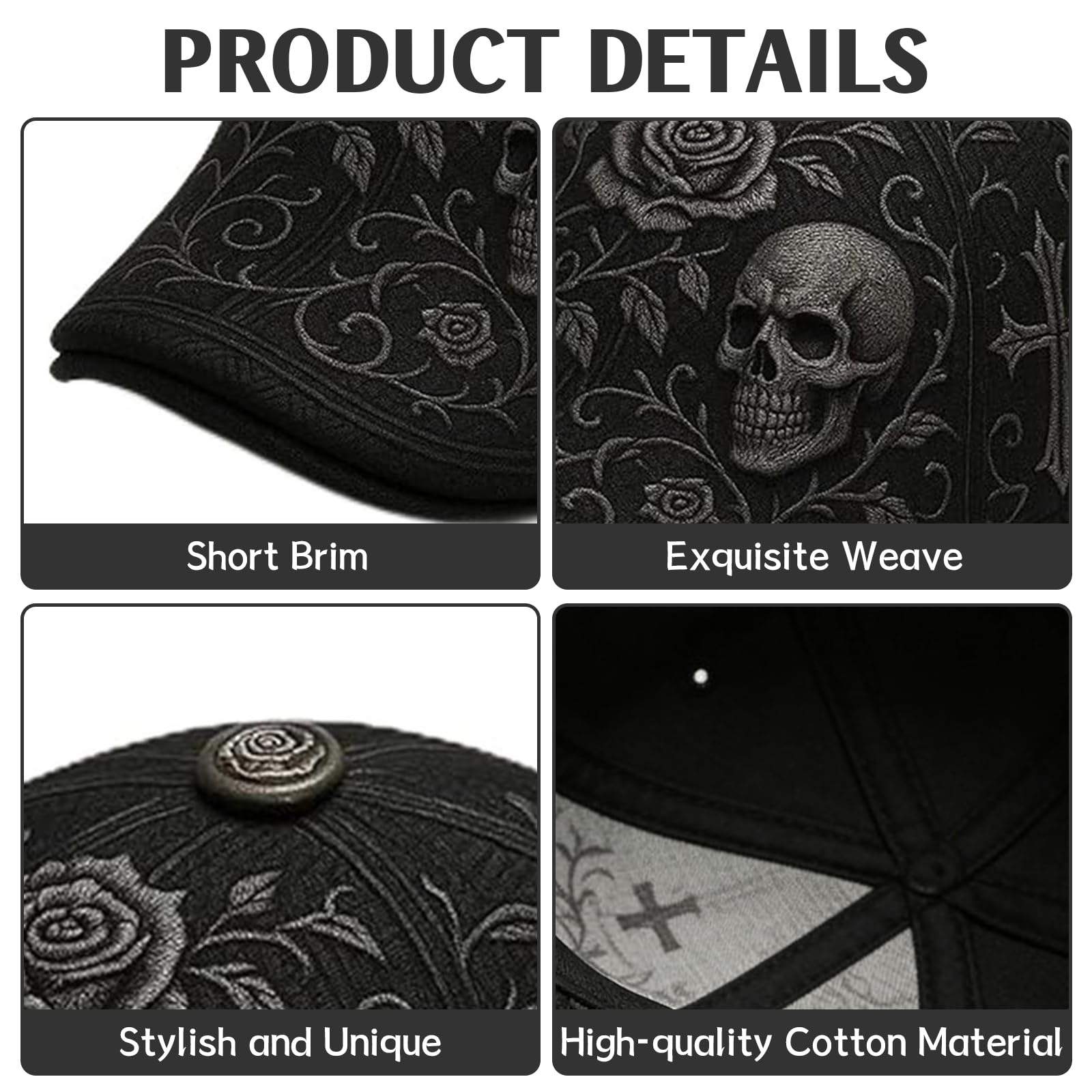CHANGYUE Casquette Plate crâne et épine, Chapeau rétro réglable Gothique avec crâne, Rose et Croix, Cadeau Mode