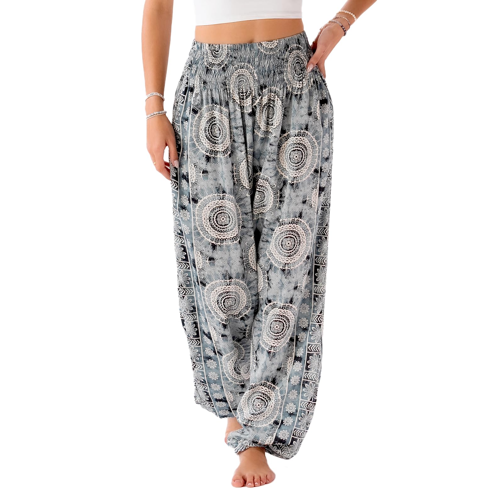 Lotus and Luna Women's Harem Pants Thai Pants for Beach & Lounge High Waisted Flowy Boho Pants Genie Pants Yoga Pants Small Watercolor