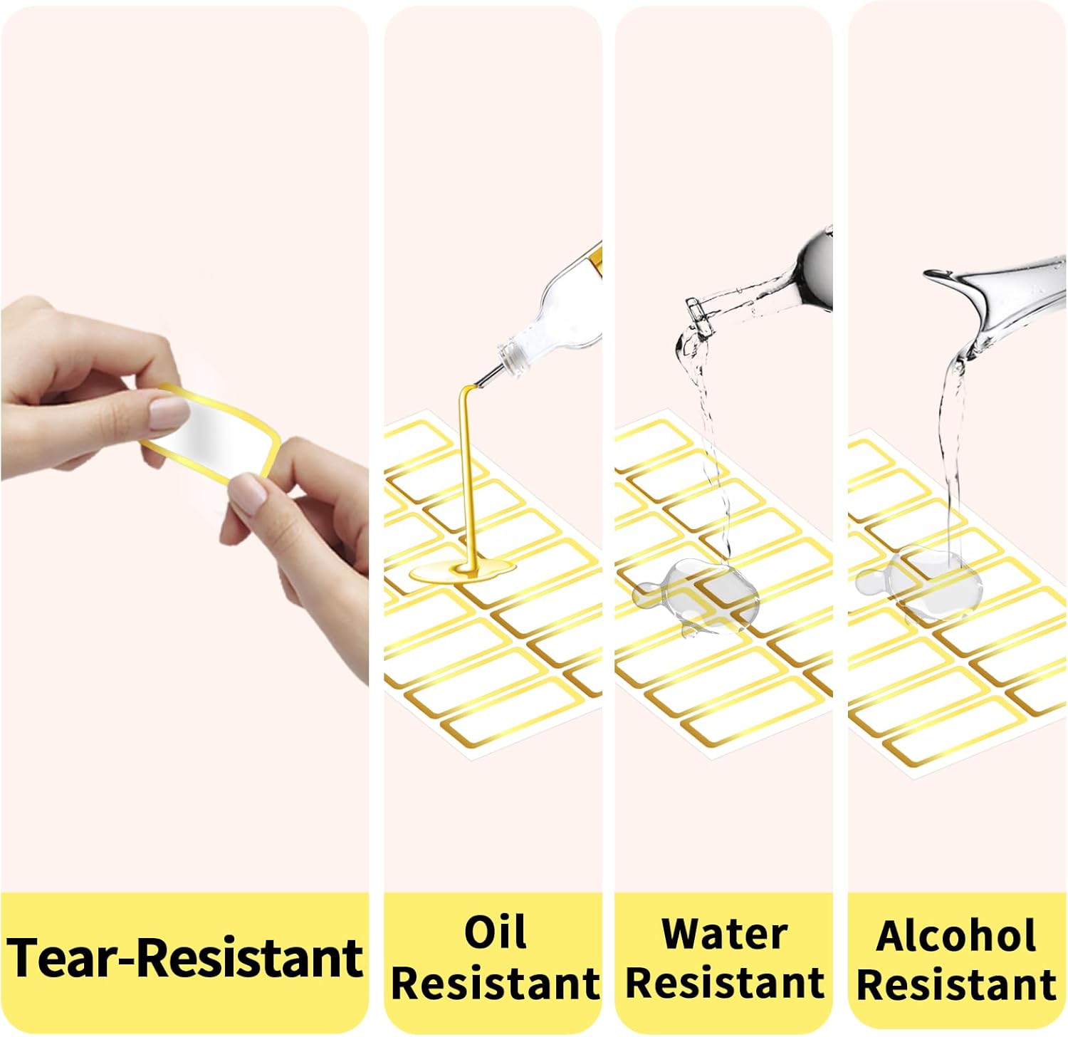 Gold Labels Stickers, Removable Blank Labels Gold Border, Self-Adhesive Rectangular Stickers Water/Oil/Tear Resistant for Storage, Classroom, Home (2 Size, 300 Sheet) - Image 4