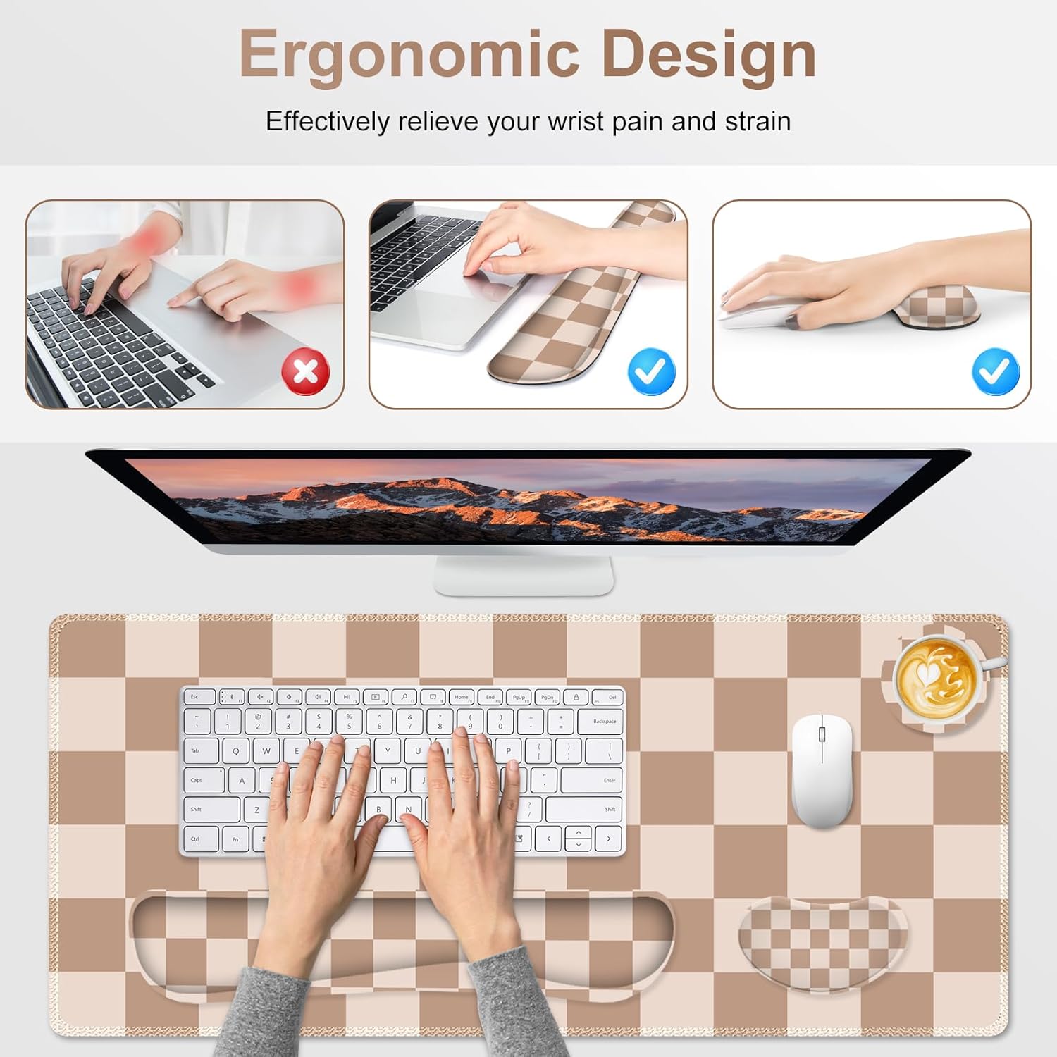 Beige Khaki Checkered Mouse Pad Set, 4 in1 Large Gaming Ergonomics Keyboard Desk Mat with Memory Foam Wrist Rest, Extended Game Mousepad, Non-Slip Desk Pad Matt Easy Typing Pain Relief