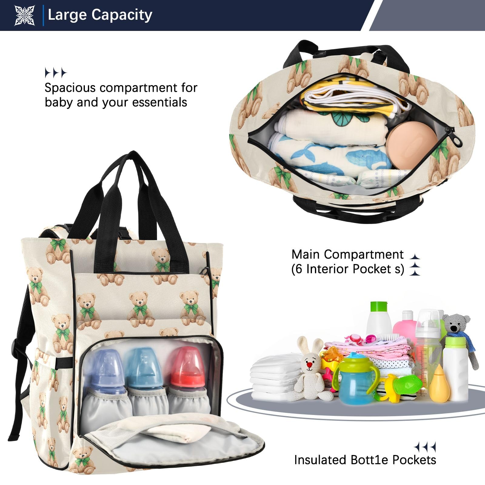Mnsruu Baby-Wickeltasche mit Teddybär-Schleifenmuster, große Tasche, wasserdicht, Reise-Wickeltaschen für Mütter und Väter
