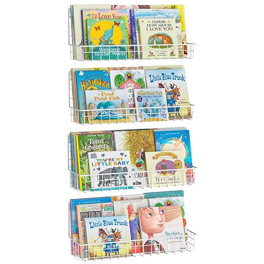X-cosrack Wall Mounted Metal Kids Bookshelf, Floating Book Shelves for Kids Nursery Toddler Bedroom Classroom, Hanging Book Shelf Storage Organizer for Room Decor, White, Set of 4