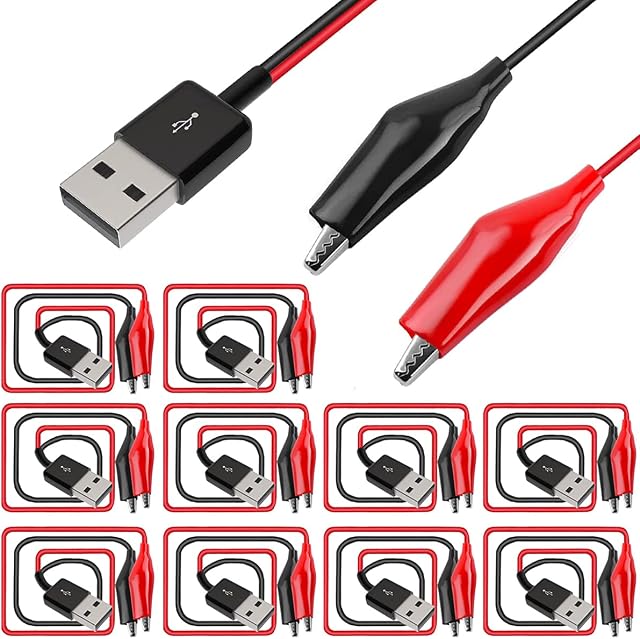 Xiatiaosann Alligator Clip to USB Crocodile Clamps to USB Type-A Male Connector Cable Copper Test Leads for Testing Circuit Power Supply Equipment, 10PCS