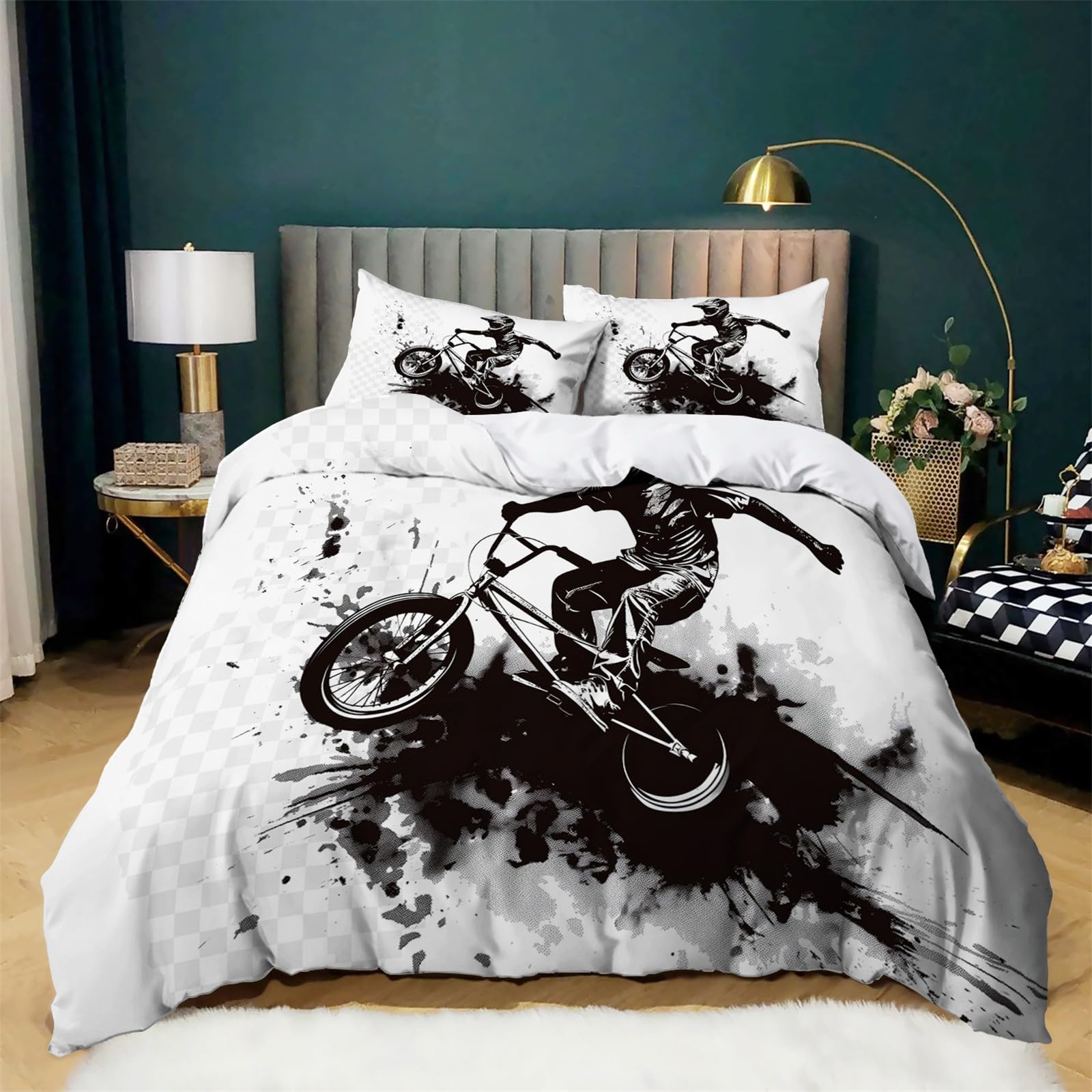 Housse De Couette 220x240cm Motif BMX Vélo - Parure De Lit 2 Personnes Microfibre Douce | Housse Réversible, 2 Taies D'oreiller, Fermeture éclair