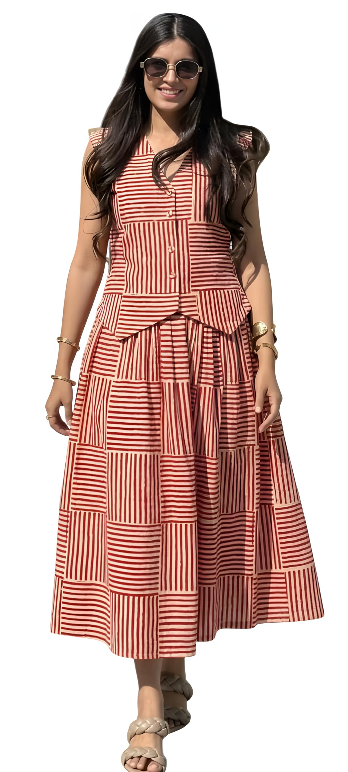 Women's Cotton Striped Top and Skirt Co-ord Set, Red and White, Sleeveless, Sizes 38 to 46-image-25