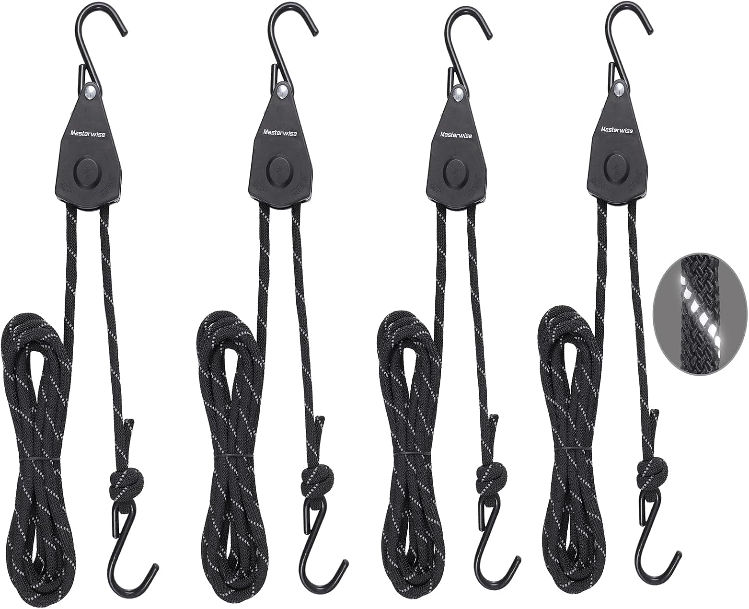 3/8" x12' Kayak Tie Down Straps with Reflective Stripe, Boat Trailer Straps Canoe Bow and Stern Rope Hanger Kayak and Canoe Accessories (Black, 4PCS)