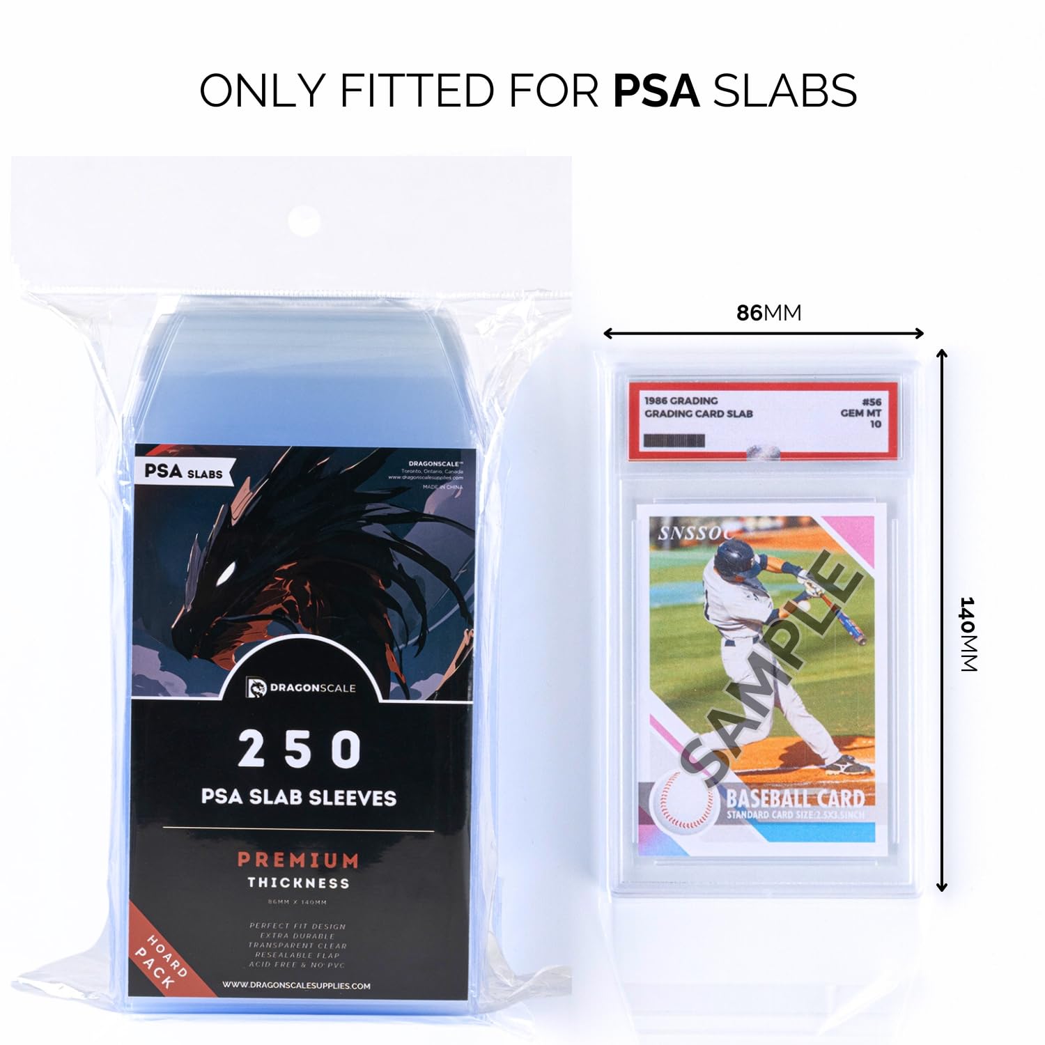 DRAGONSCALE 250-PACK PSA Slab Sleeves | Plastic Sleeve Protector Bags | for 250 PSA Graded Slab Cards | Premium Thickness & Transparent Ultra-Clear