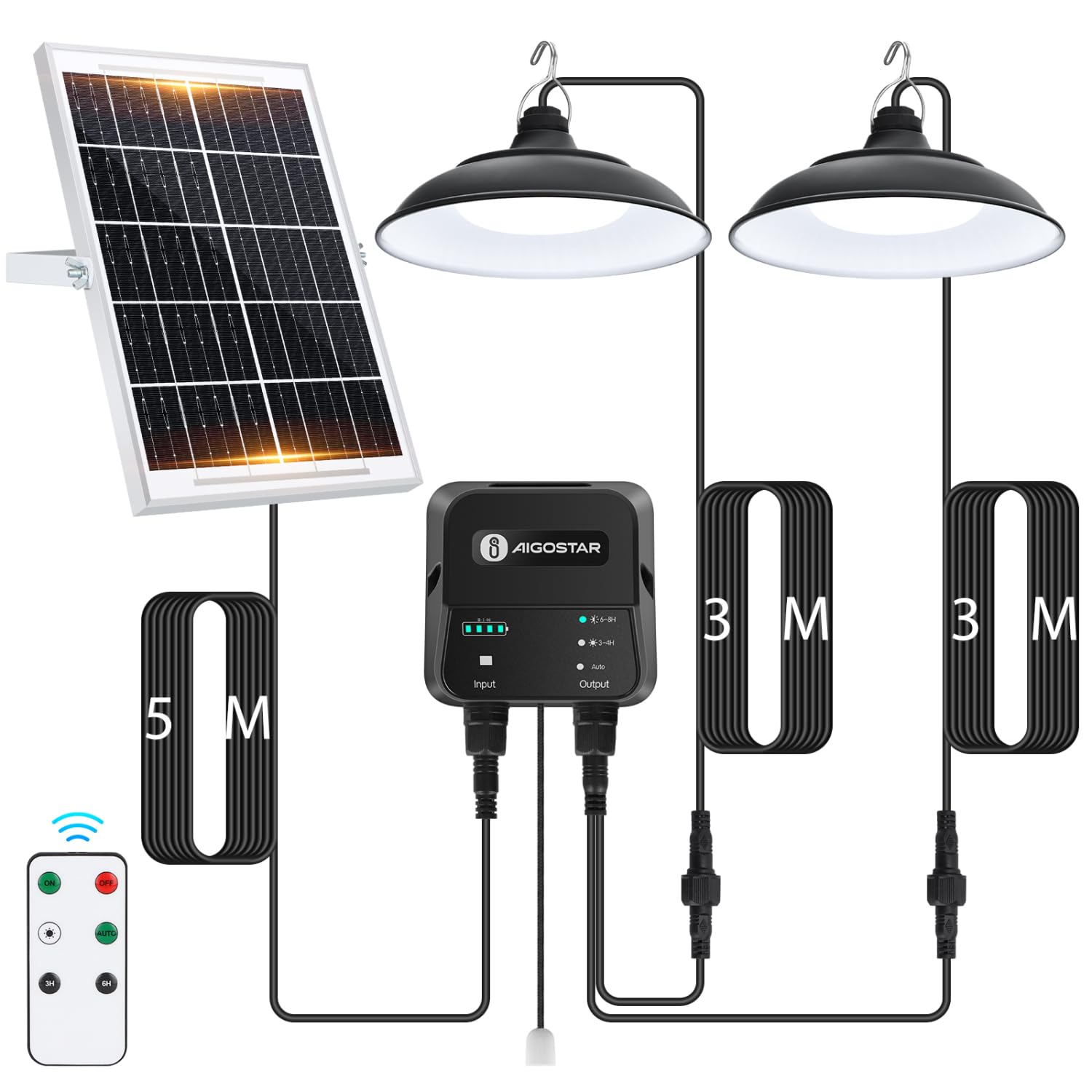 Aigostar - Luz solar exterior con mando a distancia y cuerda de tracción，cable de 11 m，batería de gran capacidad de 6000 mAh，IP65.Luz solar para interior/exterior，jardín，camping，2 lámparas