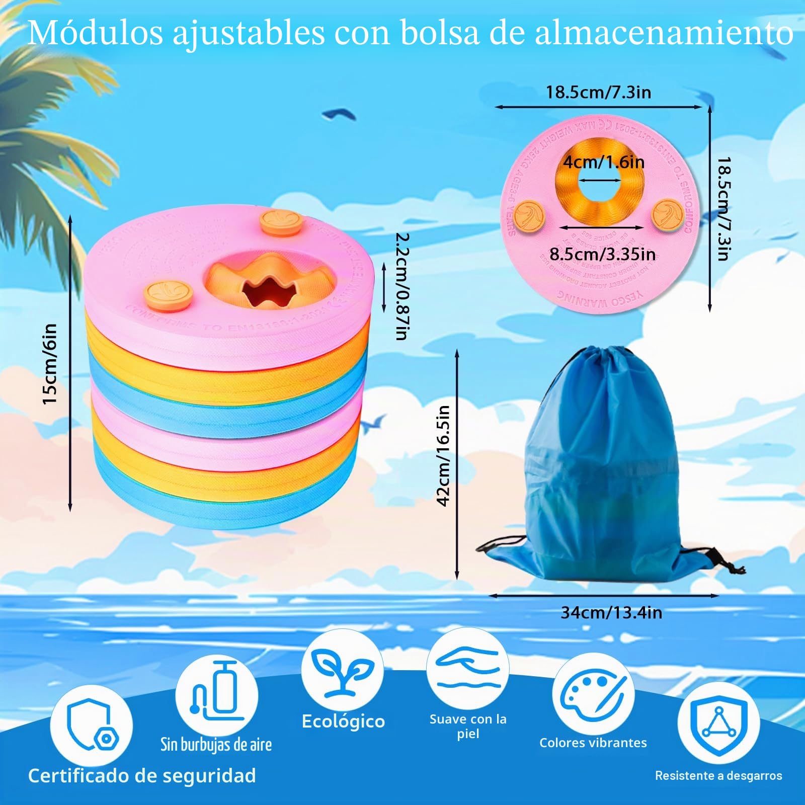 Manguitos de natación para niños, 6 unidades, discos de natación para niños y niñas, de 3 a 6 años, discos flotantes con bolsa de cordón, EVA con delfín, disco de natación para piscina, playa