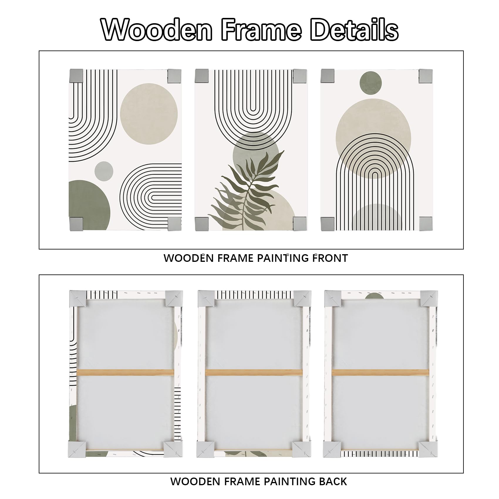 3 Pcs Wooden Framed Canvas Wall Art Set Bohemian Sage Green Canvas Prints Poster Geometric Line Beige Green Pictures for Living Room Bedroom Dinning Room Hallway Stairs Wall Decor 30x40cm x3pcs — view 151