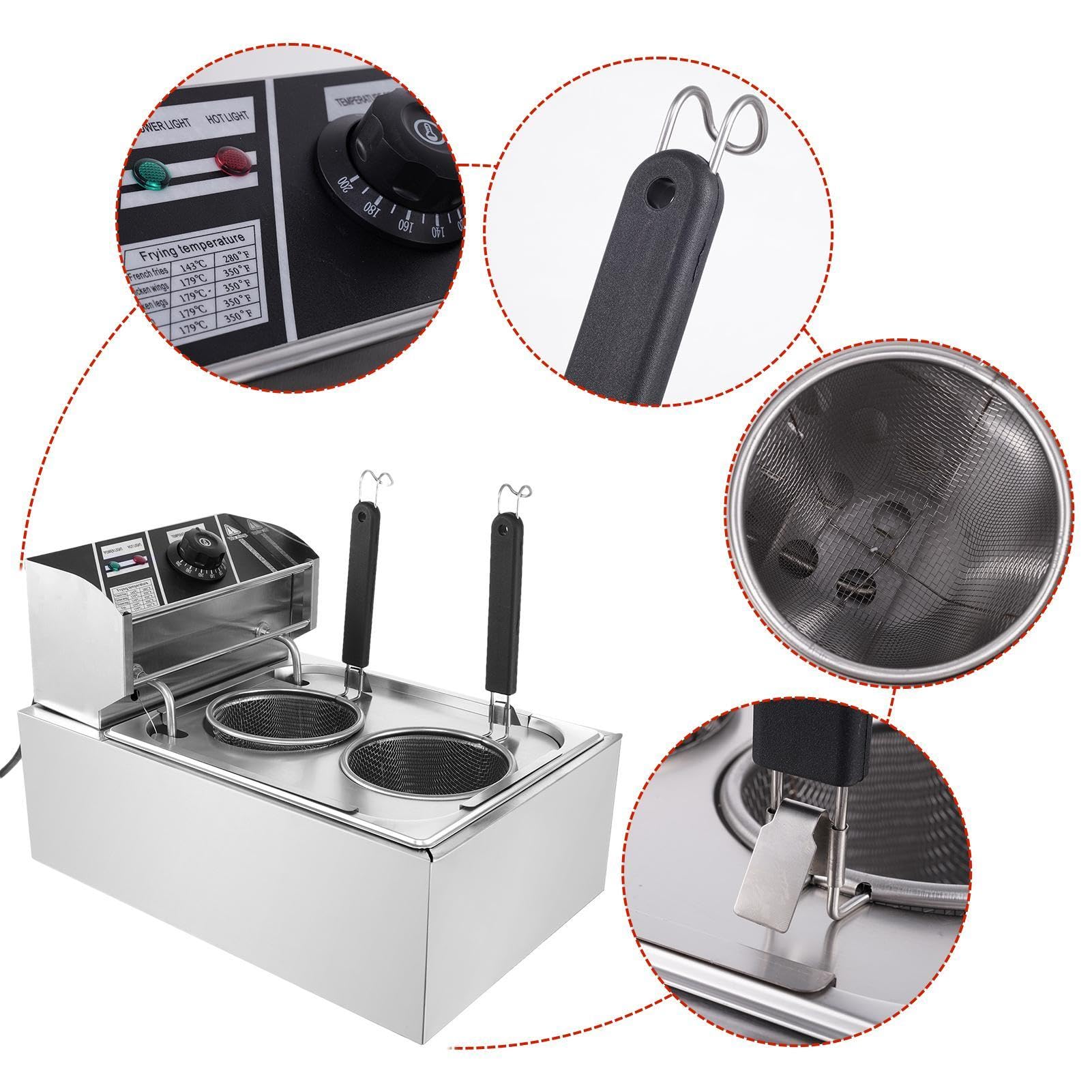 Cuocipasta commerciale da 110 V - Cuocipasta elettrico da 1500 W con due cestelli | Bollitore per noodles da 0℃ a 200℃ | Attrezzatura da cucina multifunzionale per verdure, spaghetti, gnocchi (2 pent