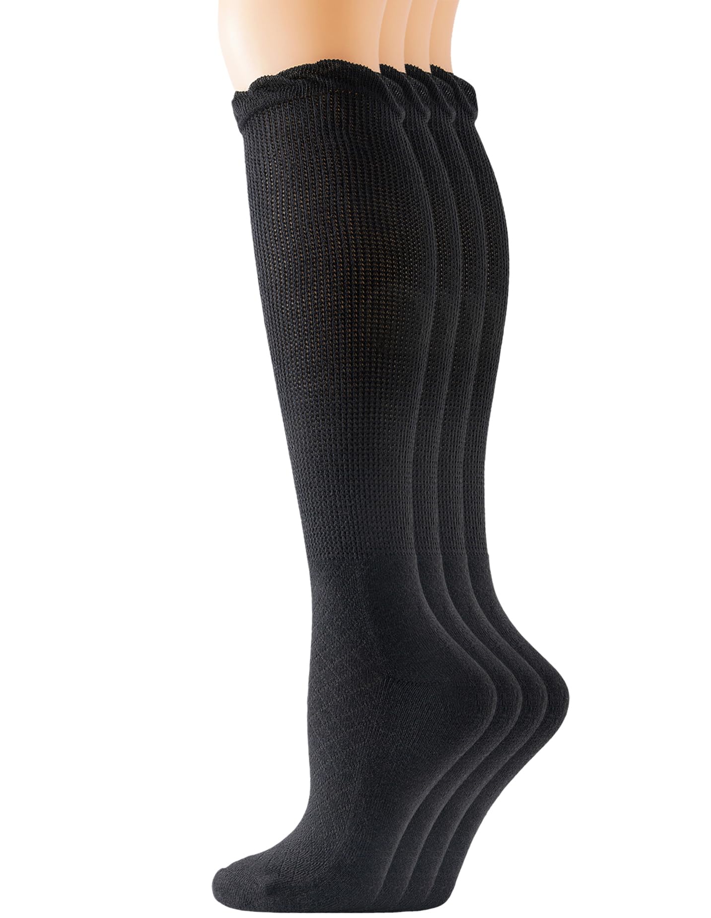 Yomandamor 4 Pairs Womens Diabetic Knee-Hi Seamless Socks Black Long Lace Non-binding Sock,9-11