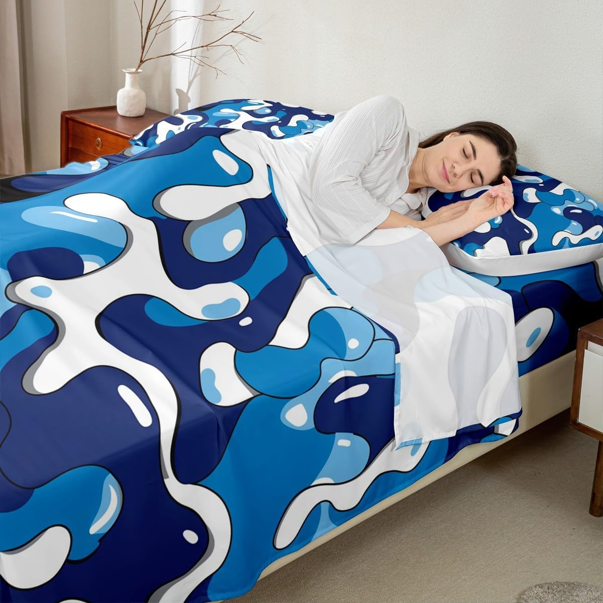 jejeloiu Camo Bed Sheets Set Twin Size Military Style Bed Set for Kids Boys Girls Blue Deep Pocket Fitted Sheet Camouflage Breathable Soft Lightweight Microfiber