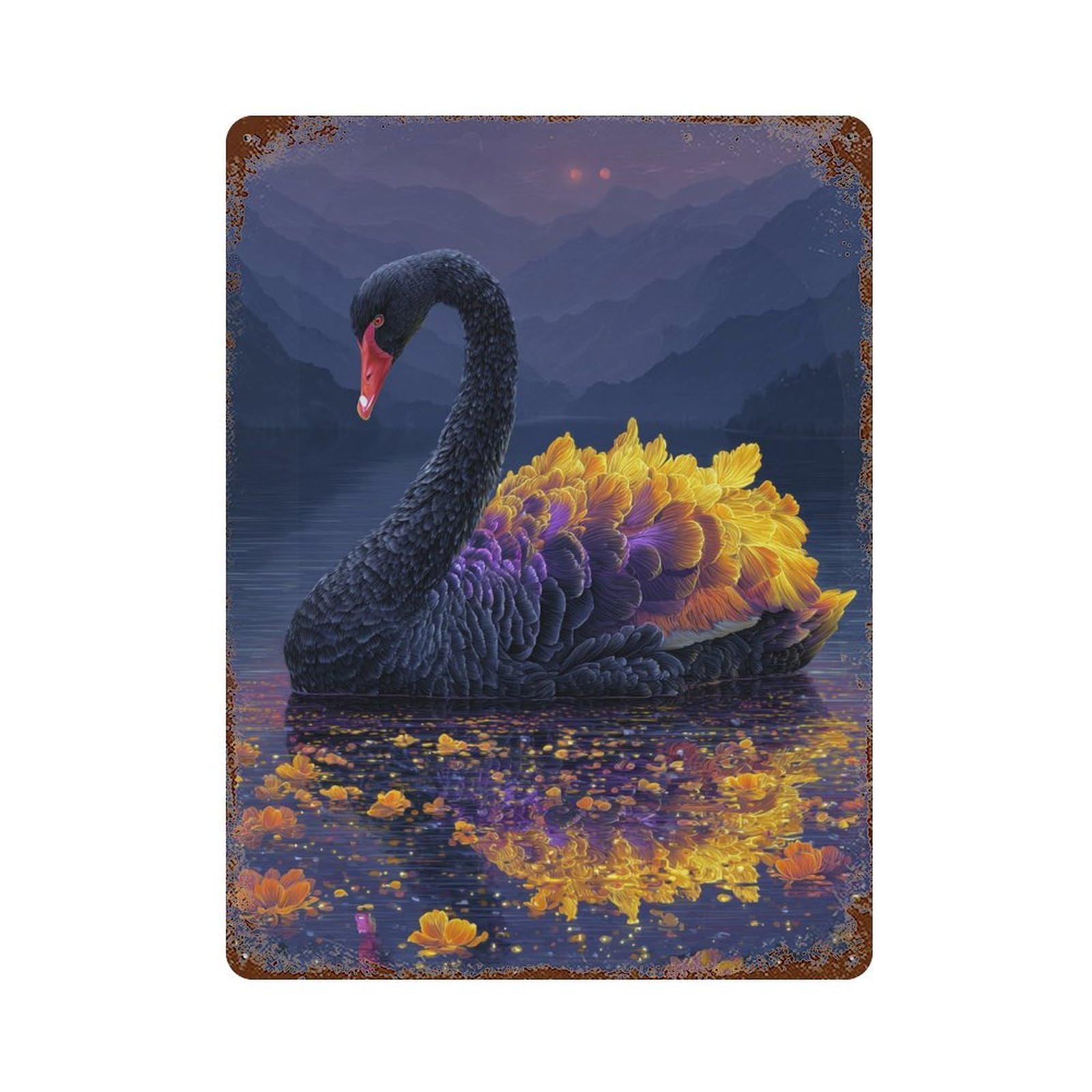 Glowing Swan Reflections Distressed Metal Wall Sign 15.7"x11.8", for Garage, Bar And Workshop Decor, Decorative Metal Wall Art