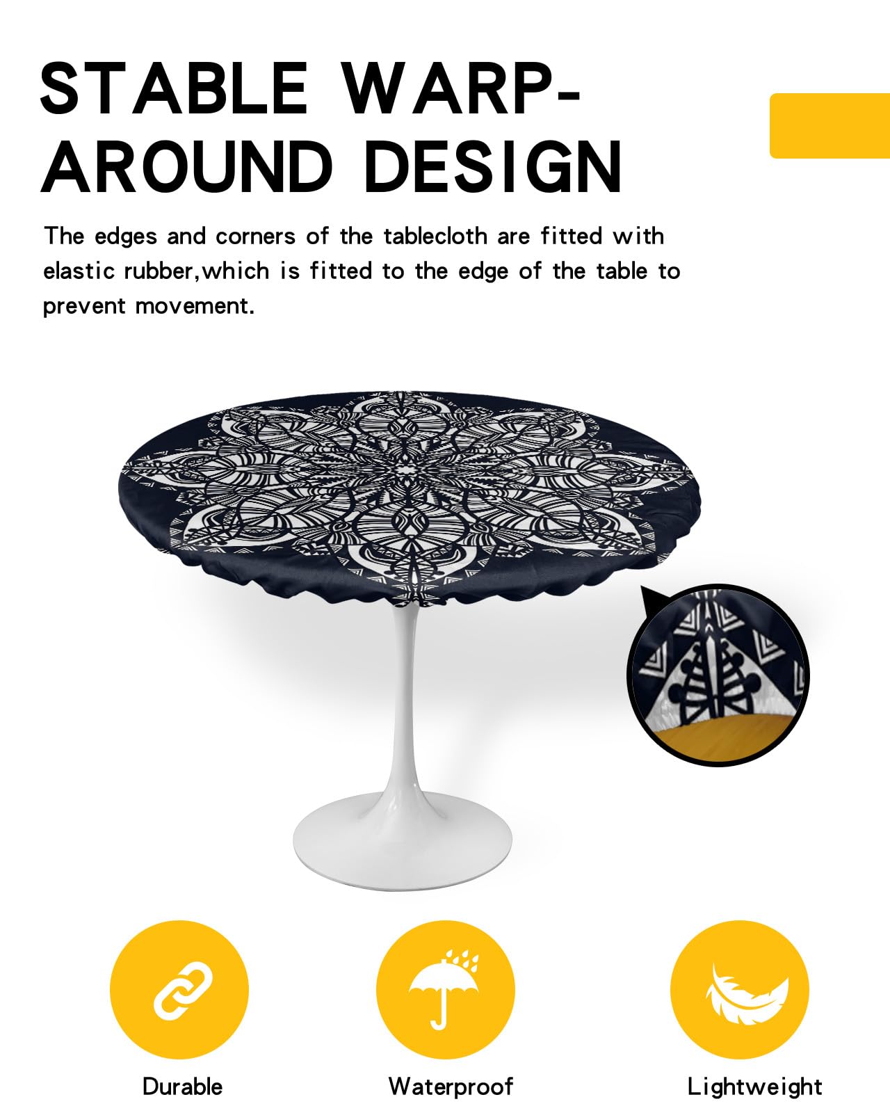 Abstract Mandala Round Waterproof Table Cover Fitted Tablecloth, Wipeable Fabric Elastic Table Cloth Oil-Proof Tablecover for Indoor Outdoor Picnic Party, Geometric Indian Bohemian Stripes 45