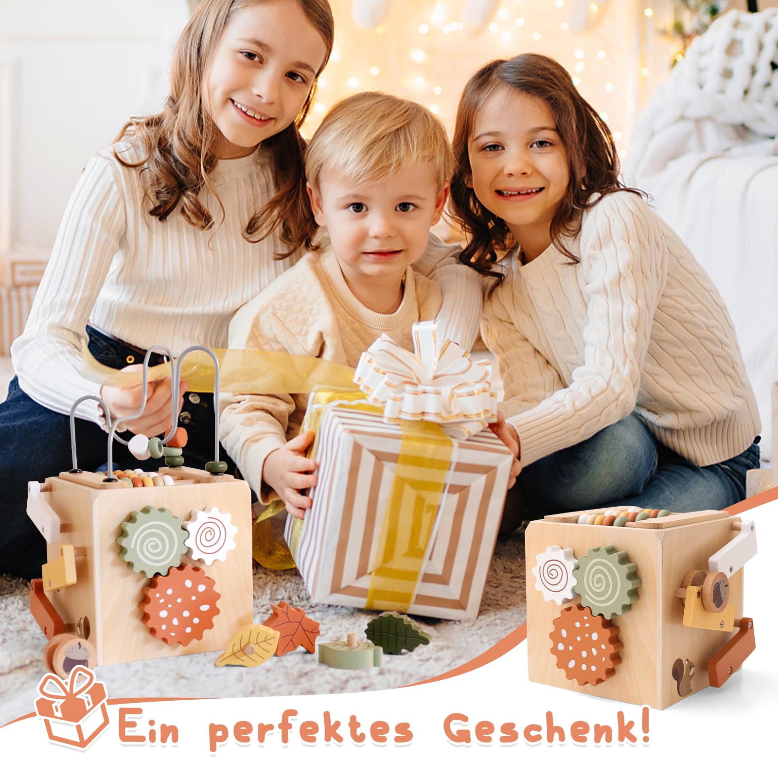 WOODEN TEETHER Montessori Motorikwürfel holzspielzeug Montessori Spielzeug 6 in 1（Naturholzfarbe Aktivitätswürfel）