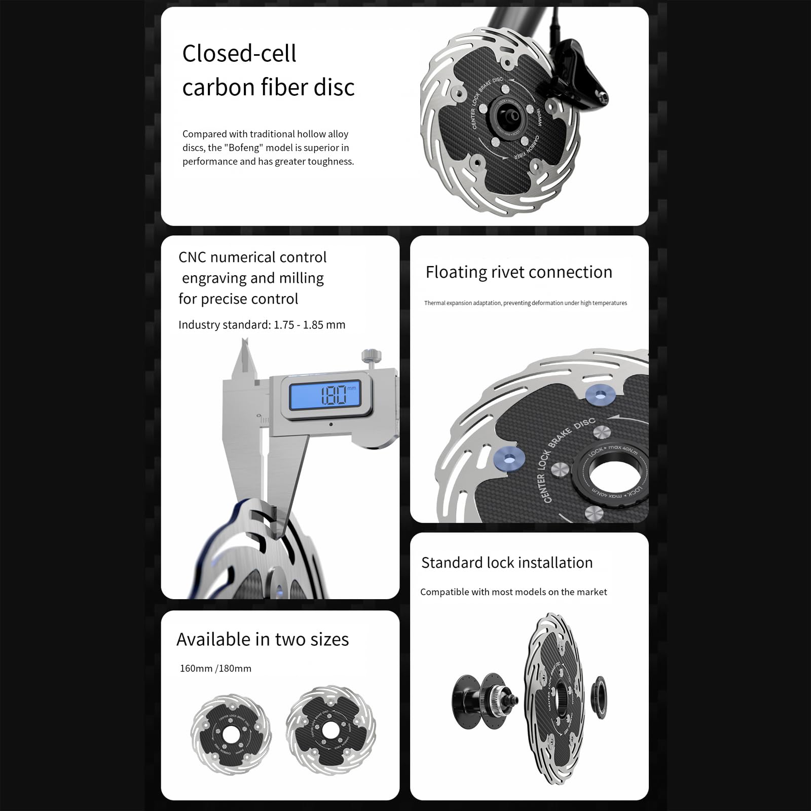 Rotor de frenos de disco de bicicleta de montaña mecanizado con precisión, espesores de 1, 8 mm, diseño híbrido de carbono para gran potencia de frenado, anillos de acero inoxidable livianos, rotor