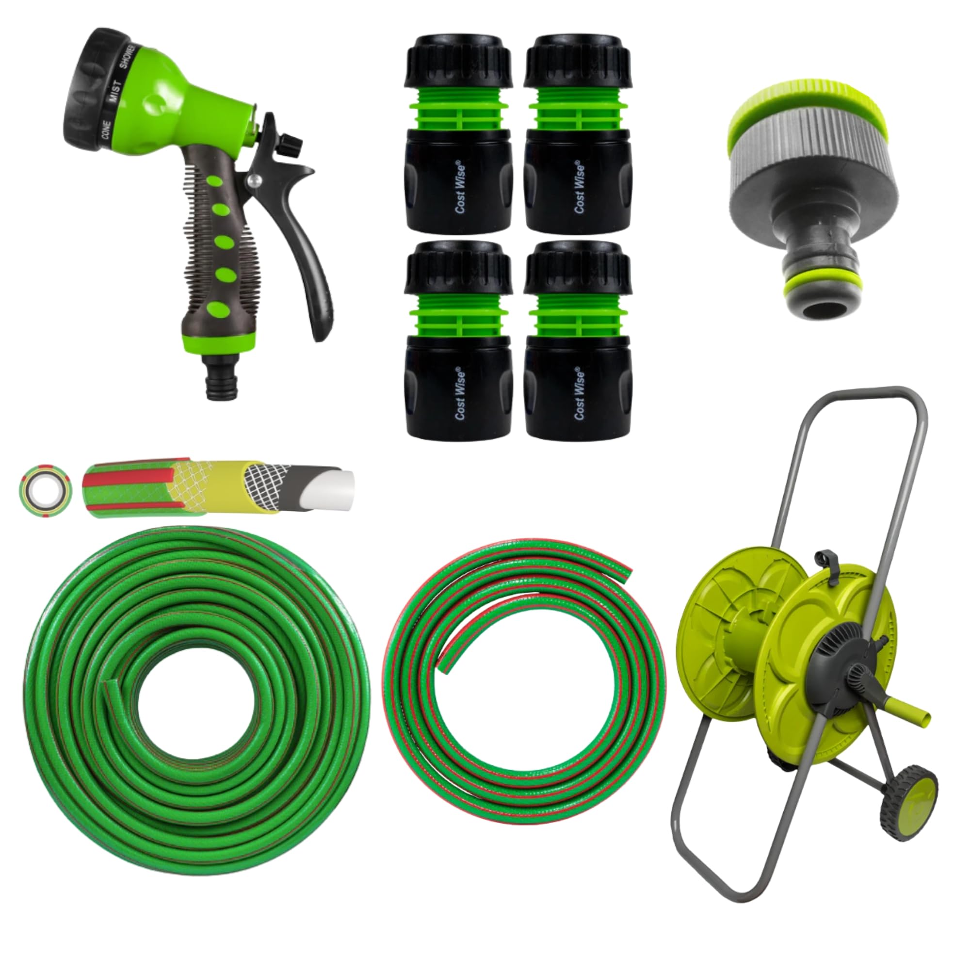 Ap Supplies Women's Kit 16 Garden Hose Reel Cart Set With 15M Premium Hose, 8-Pattern Spray Gun, Tap And Hose Connectors