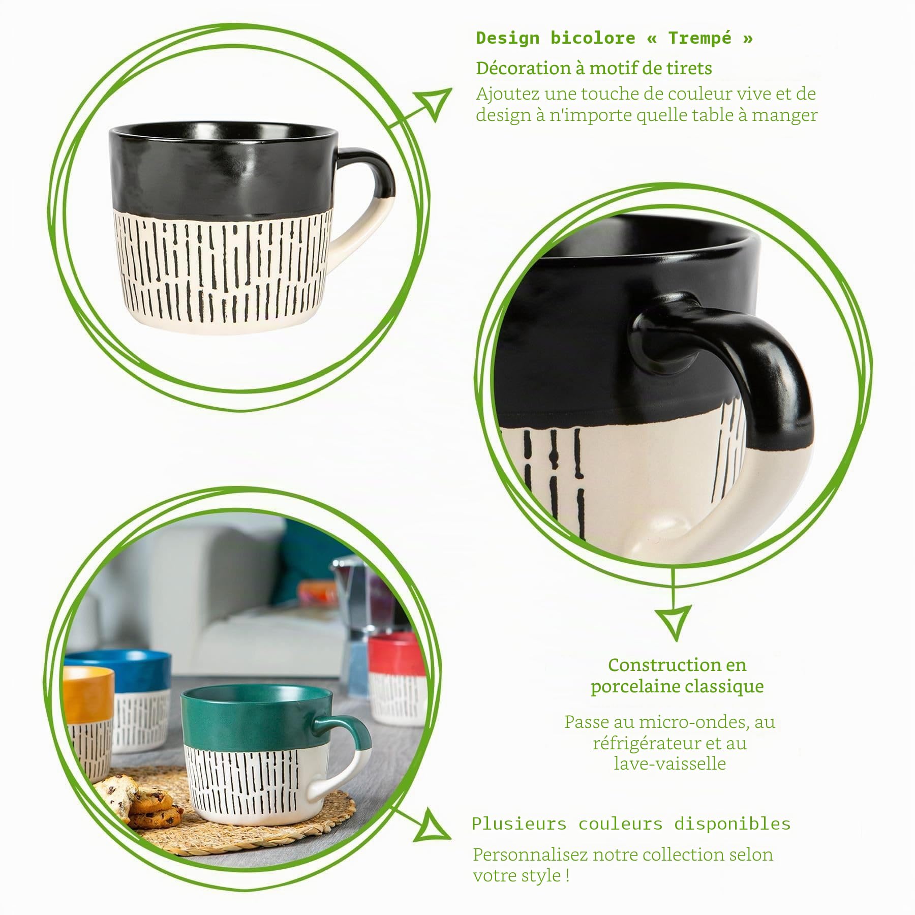 Nicola Spring 6pc Multicolour 450 ML Dash trempé Titeware Tasse de Tasse à café - Grande Tasses en Porcelaine de Porcelaine de Couleur Rustique en Porcelaine de Chocolat Chaud avec poignée