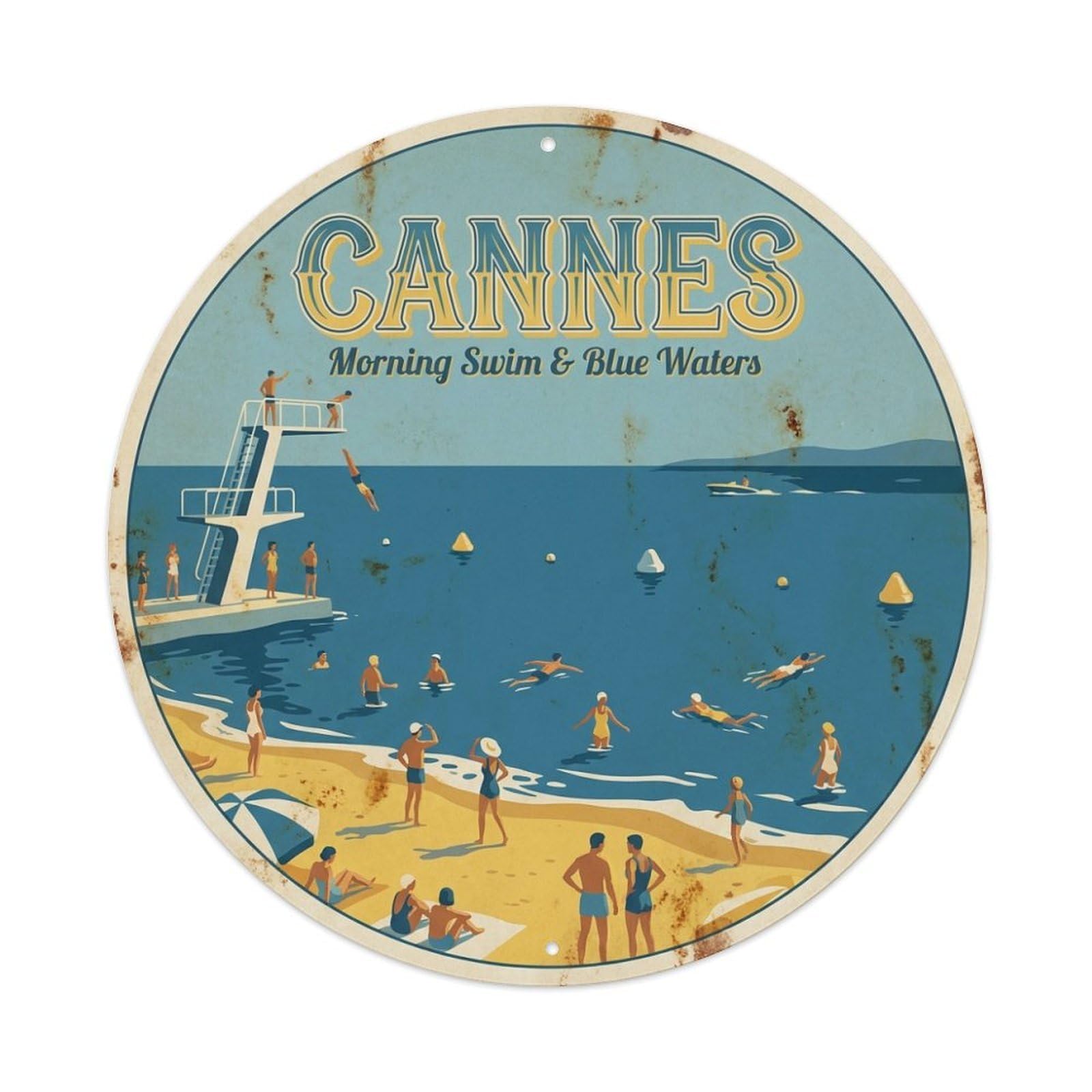 Cannes Riviera Morning Swim Blue Waters Culture Travel Metal Tin Sign