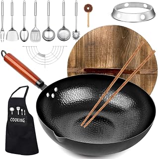 KAQINU 14-Piece Carbon Steel Wok Set, 12.6" Flat Bottom Stir Fry Pan with Wooden Lid & Utensils - No Chemical Coating for All Stoves