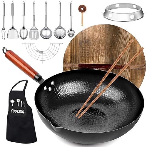 kaqinu Carbon Steel Wok Pan, 14 Piece Woks & Stir-Fry Pans Set with Wooden Lid Cookwares, No Chemical Coated Flat Bottom Chinese Pan for Induction, Electric, Gas, Halogen All Stoves - 12.6''